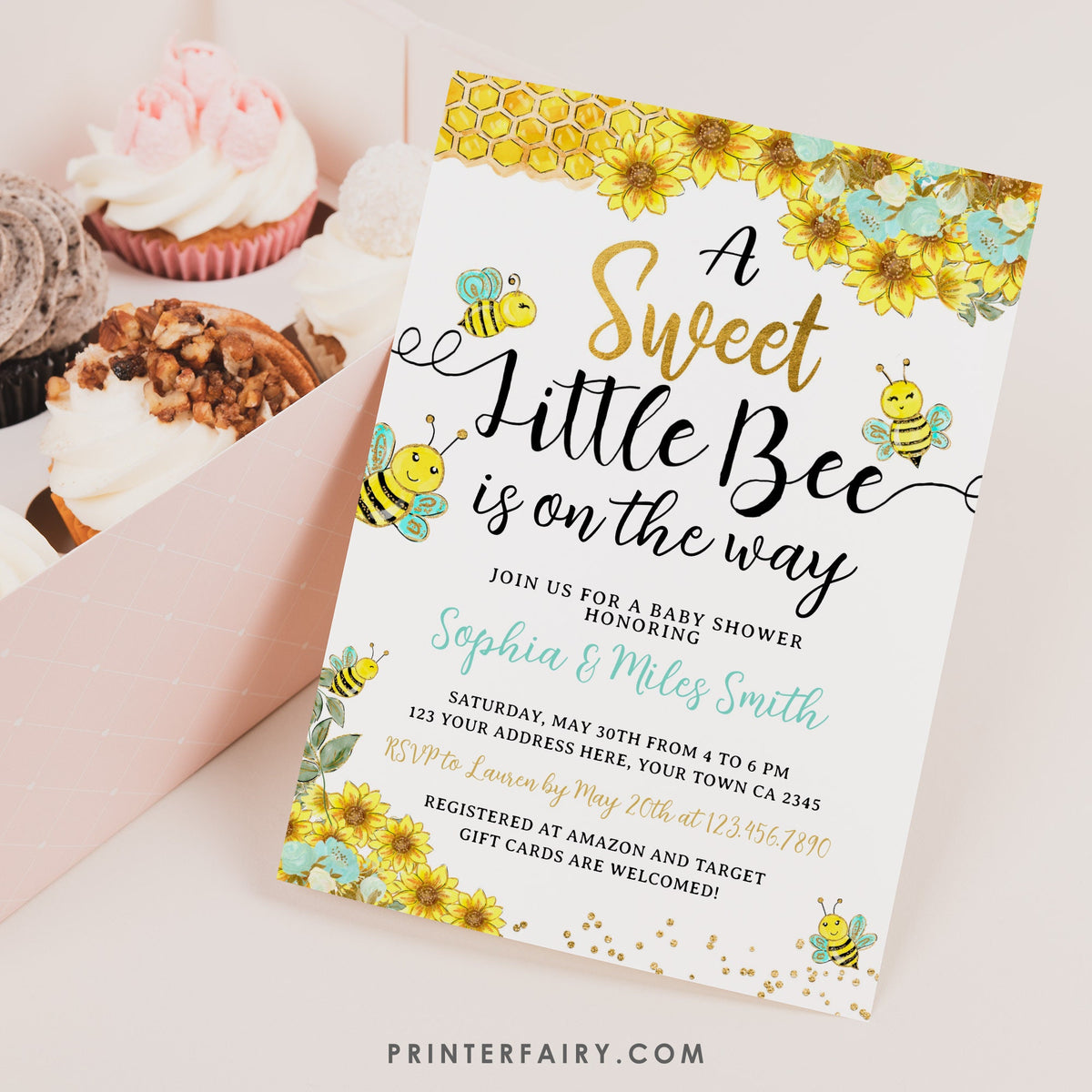 Bee Baby Shower Invitation, Sunflower, Editable (Digital Invite)
