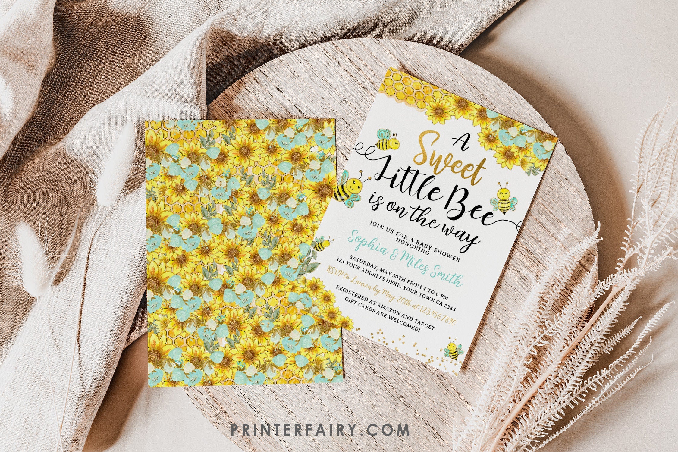 Bee Baby Shower Invitation, Sunflower, Editable (Digital Invite)