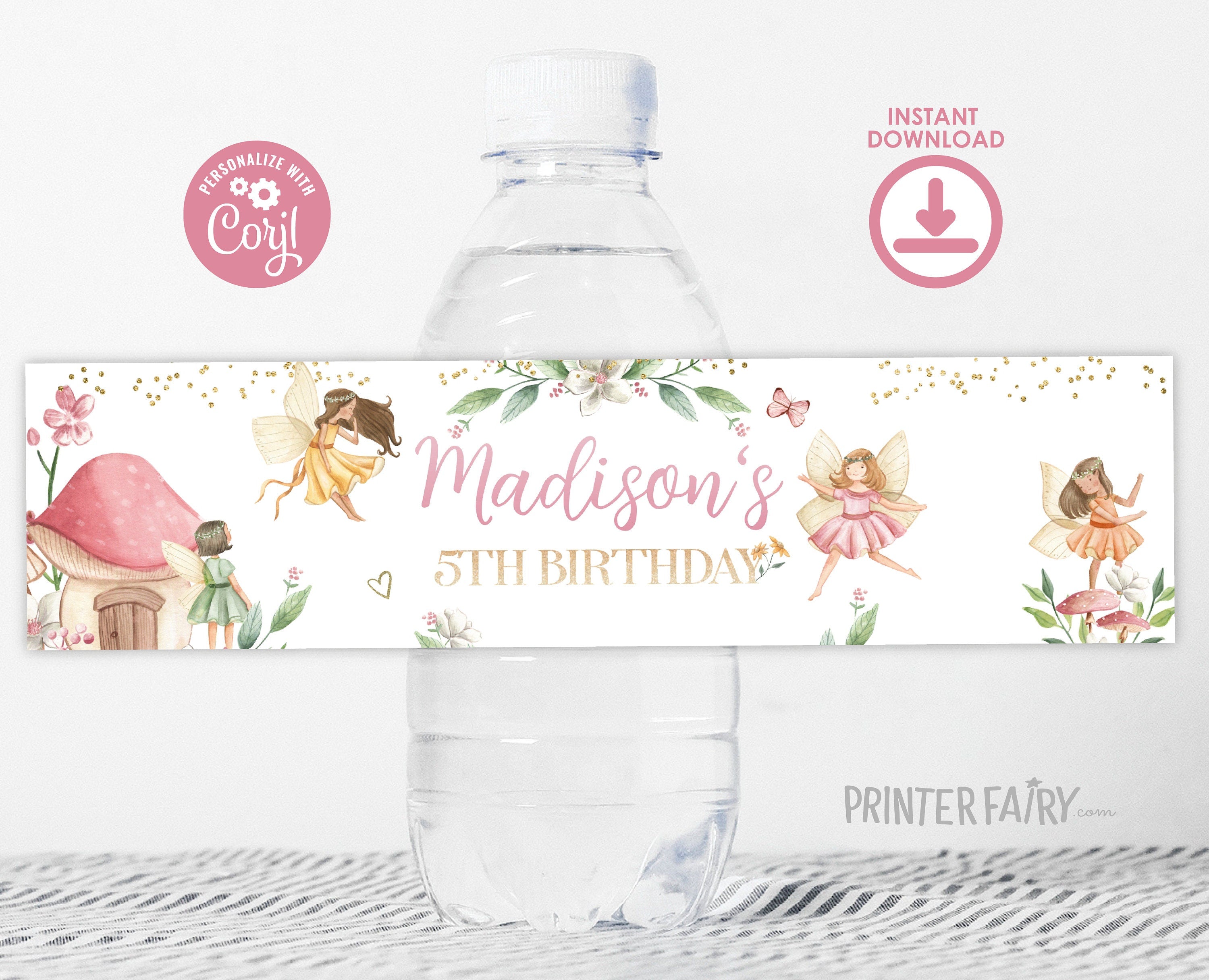 Editable Fairy Birthday Water Bottle Labels (Digital Download)