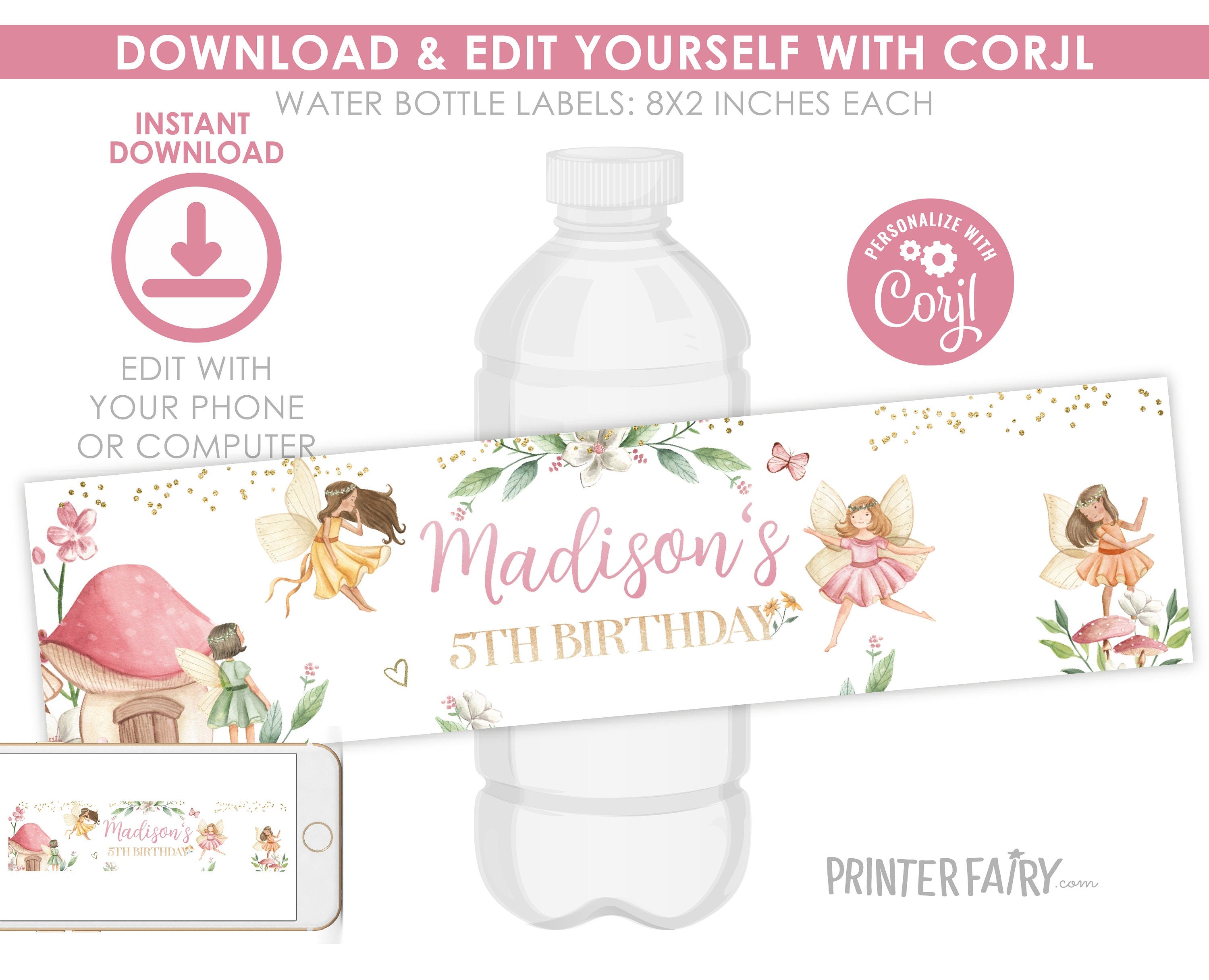 Editable Fairy Birthday Water Bottle Labels (Digital Download)