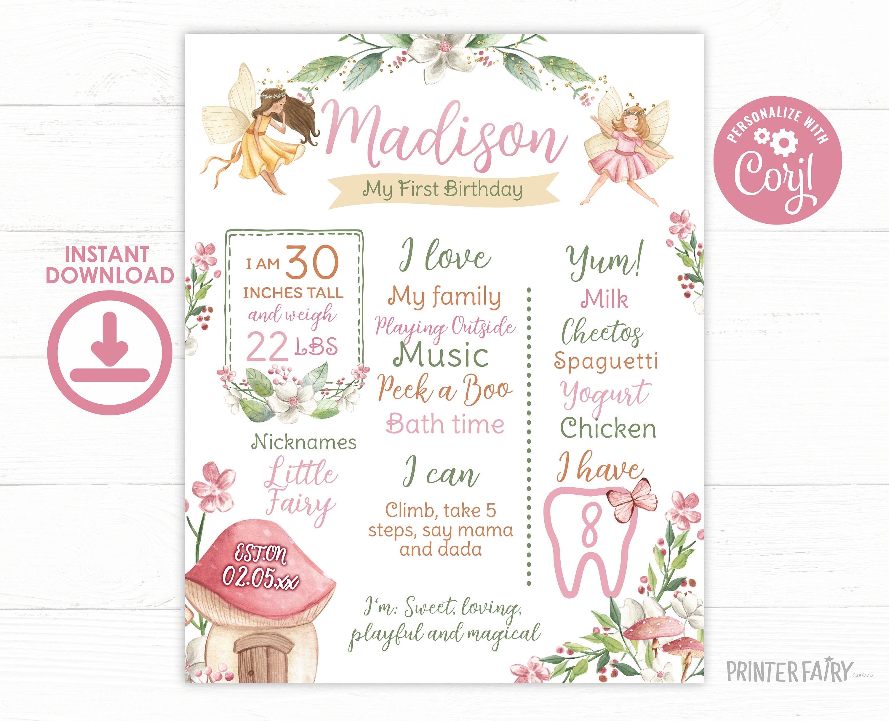 Editable Fairy First Birthday Milestones Sign, Princess Garden (Digital Download)