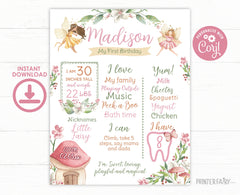 Editable Fairy First Birthday Milestones Sign, Princess Garden (Digital Download)