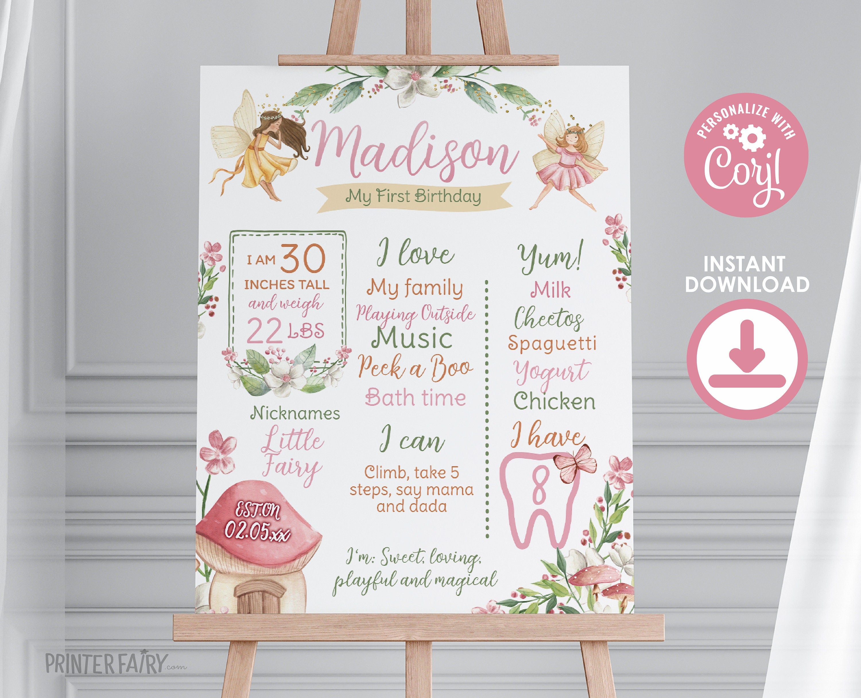 Editable Fairy First Birthday Milestones Sign, Princess Garden (Digital Download)