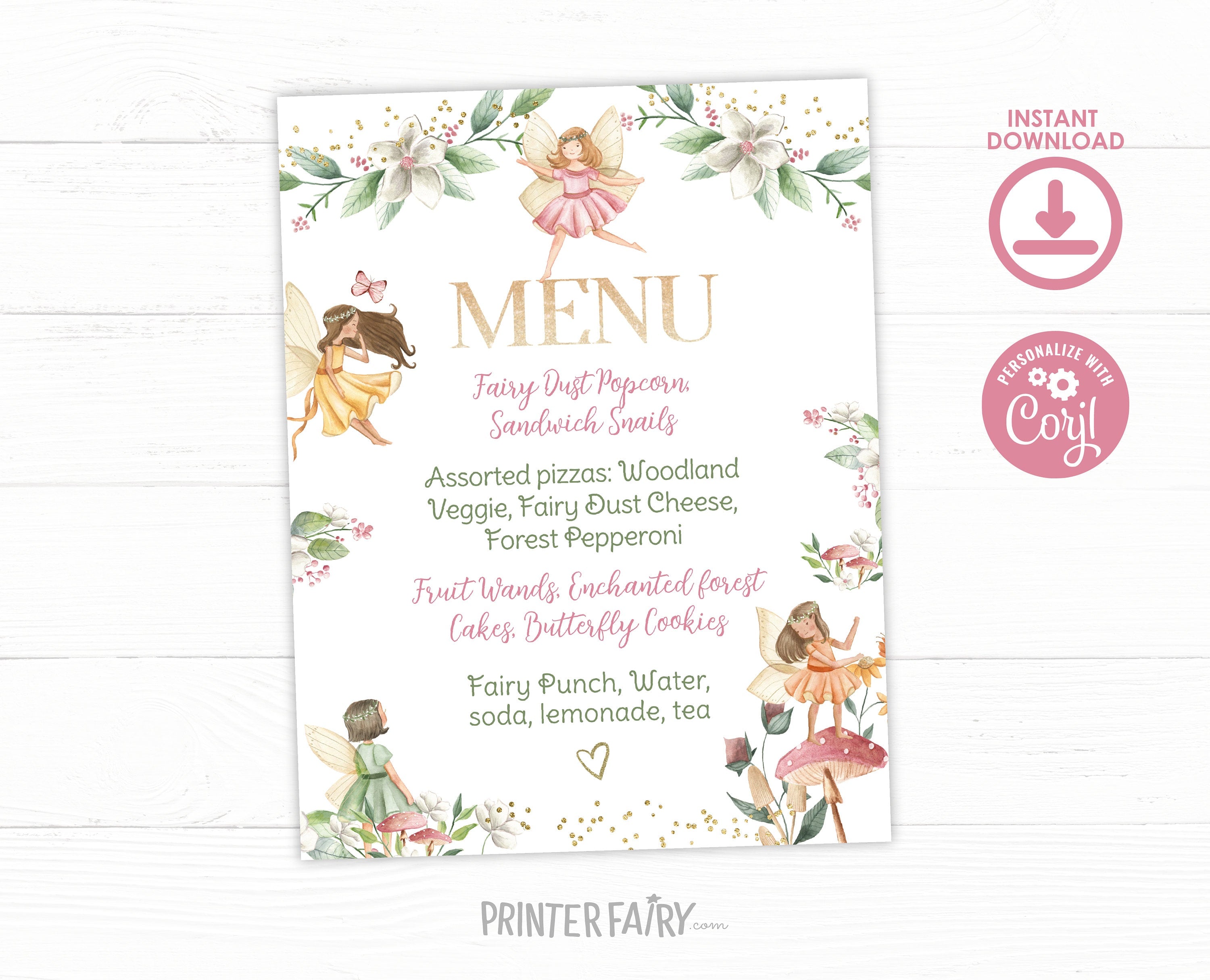 Editable Fairy Birthday Menu Sign, Princess Garden Theme (Digital Download)