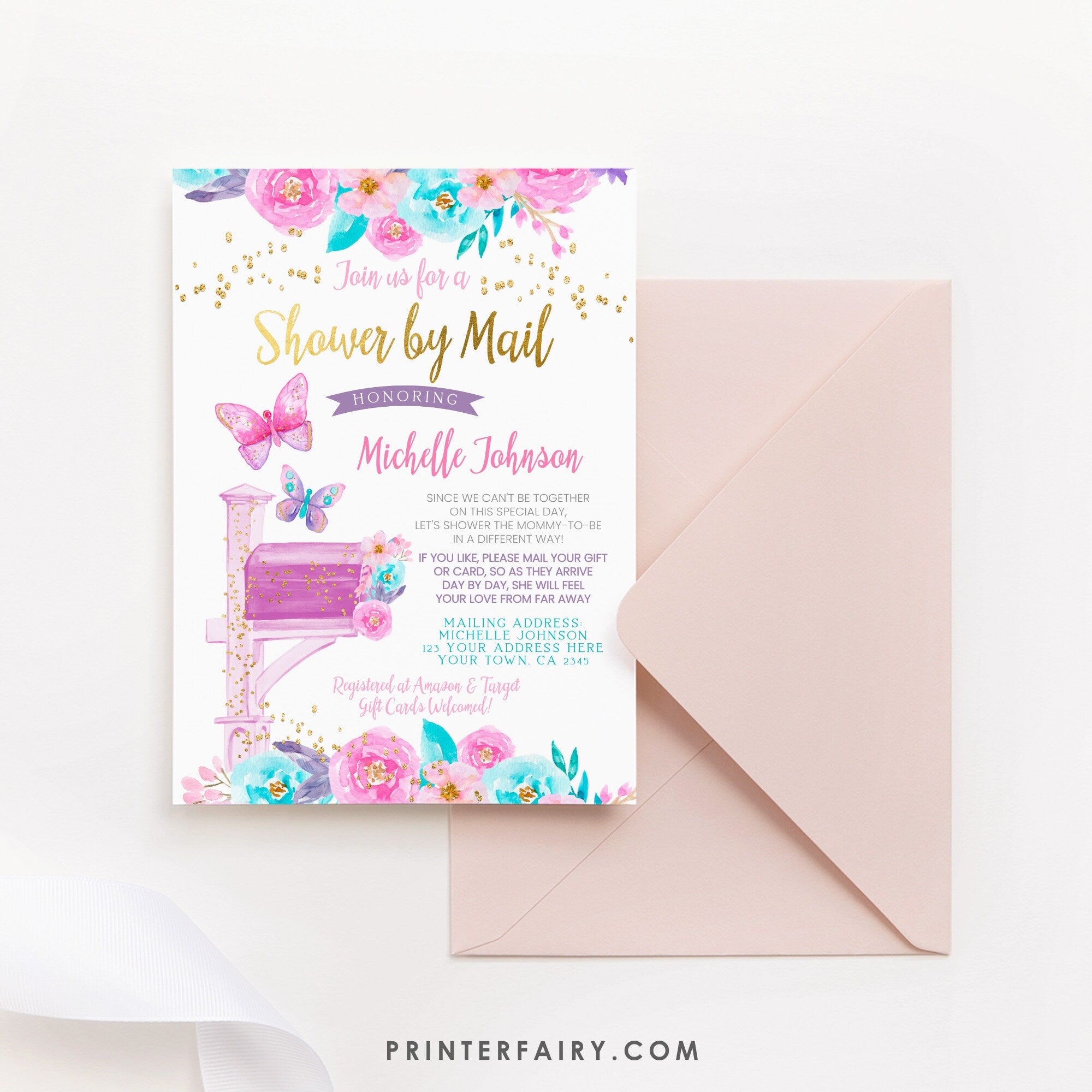 Butterfly Baby Shower by Mail Invitation Editable Template, INSTANT DOWNLOAD
