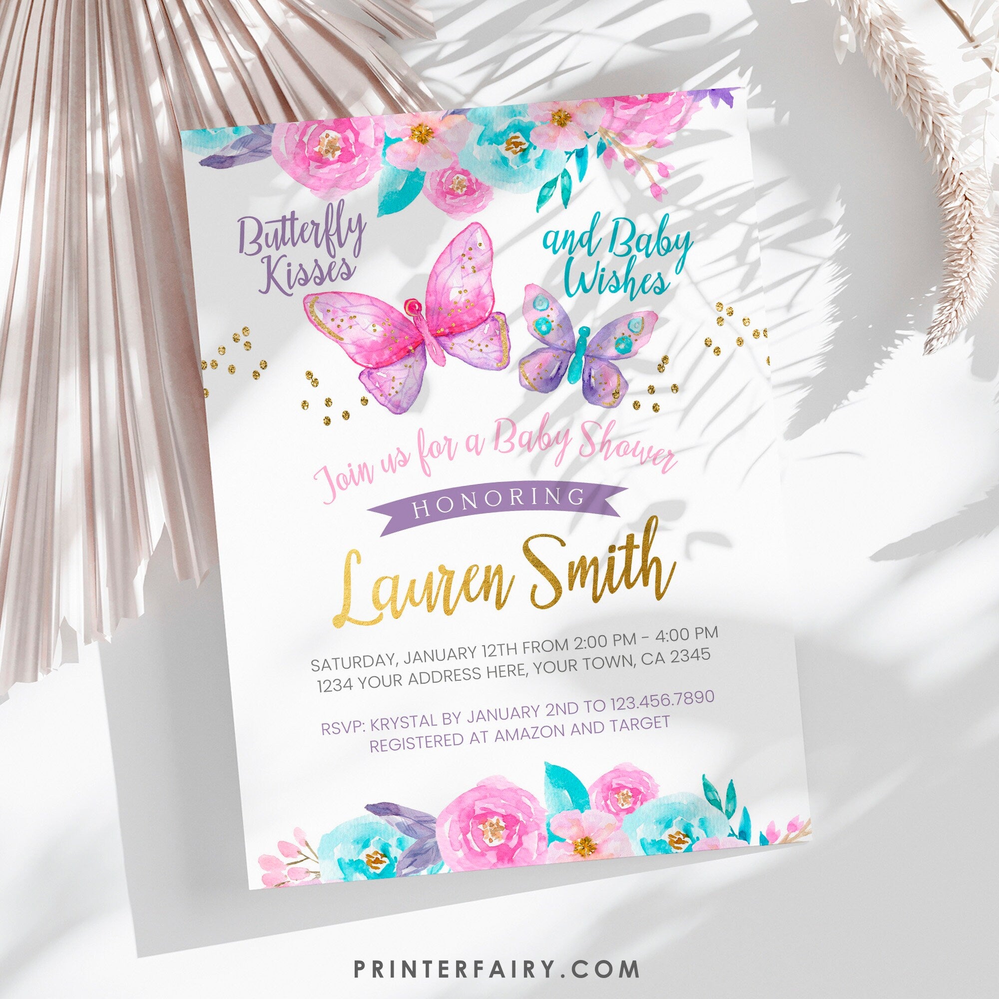 Butterfly Baby Shower Invitation, Spring Floral Girl Invite (Digital Download)