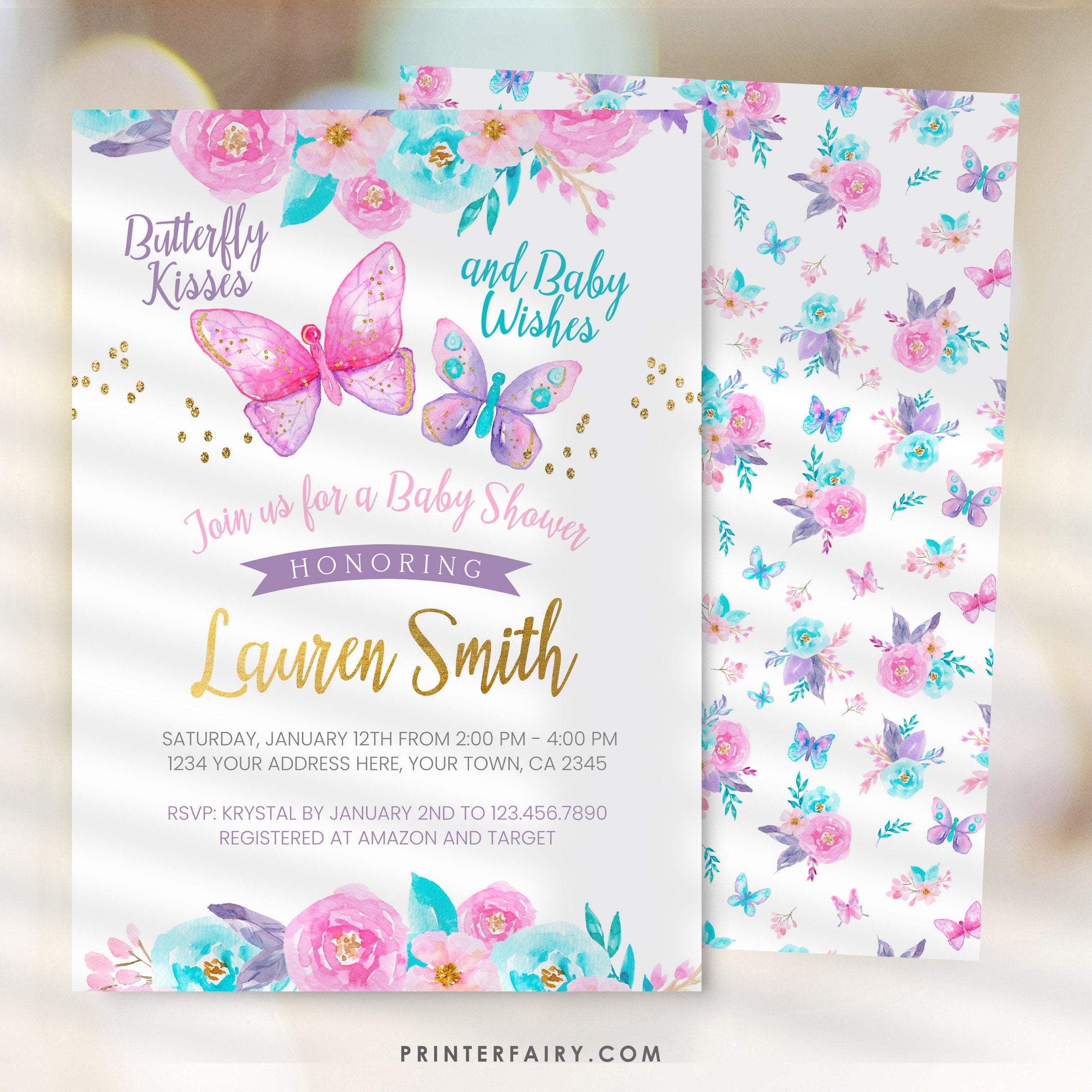 Butterfly Baby Shower Invitation, Spring Floral Girl Invite (Digital Download)