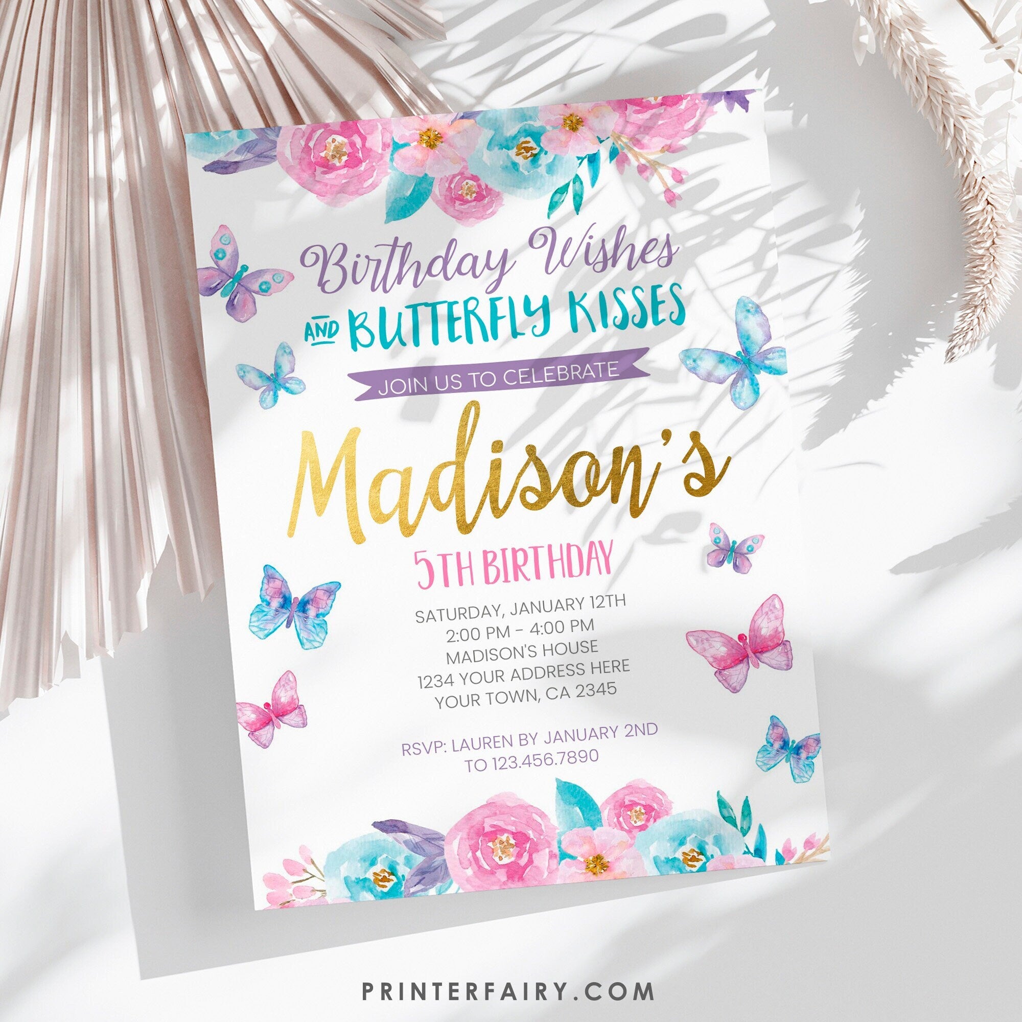 Butterfly Birthday Invitation Editable Template, Spring Garden Party INSTANT DOWNLOAD