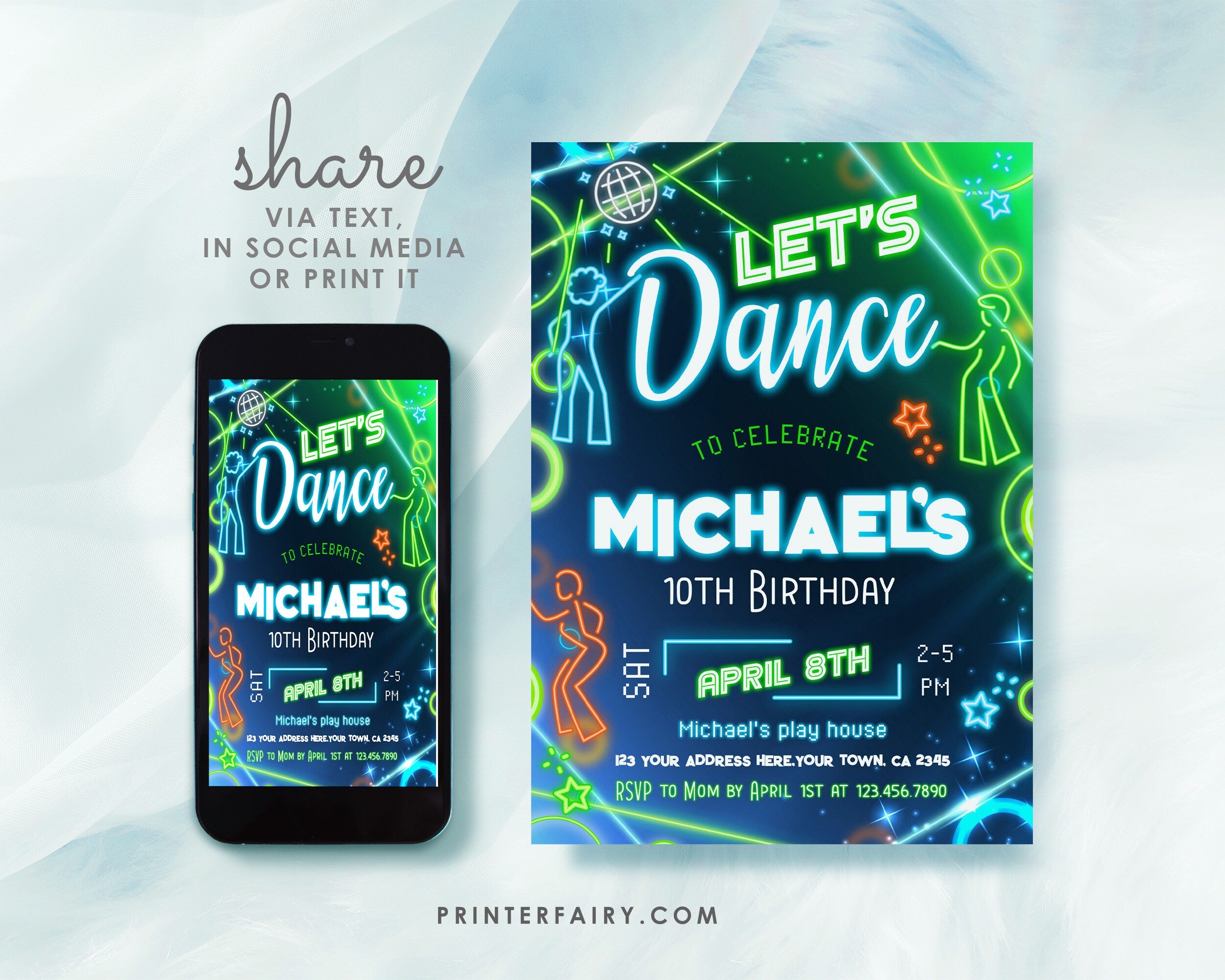 Neon Dance Party Invitation: Retro Music, Editable (Digital Download)