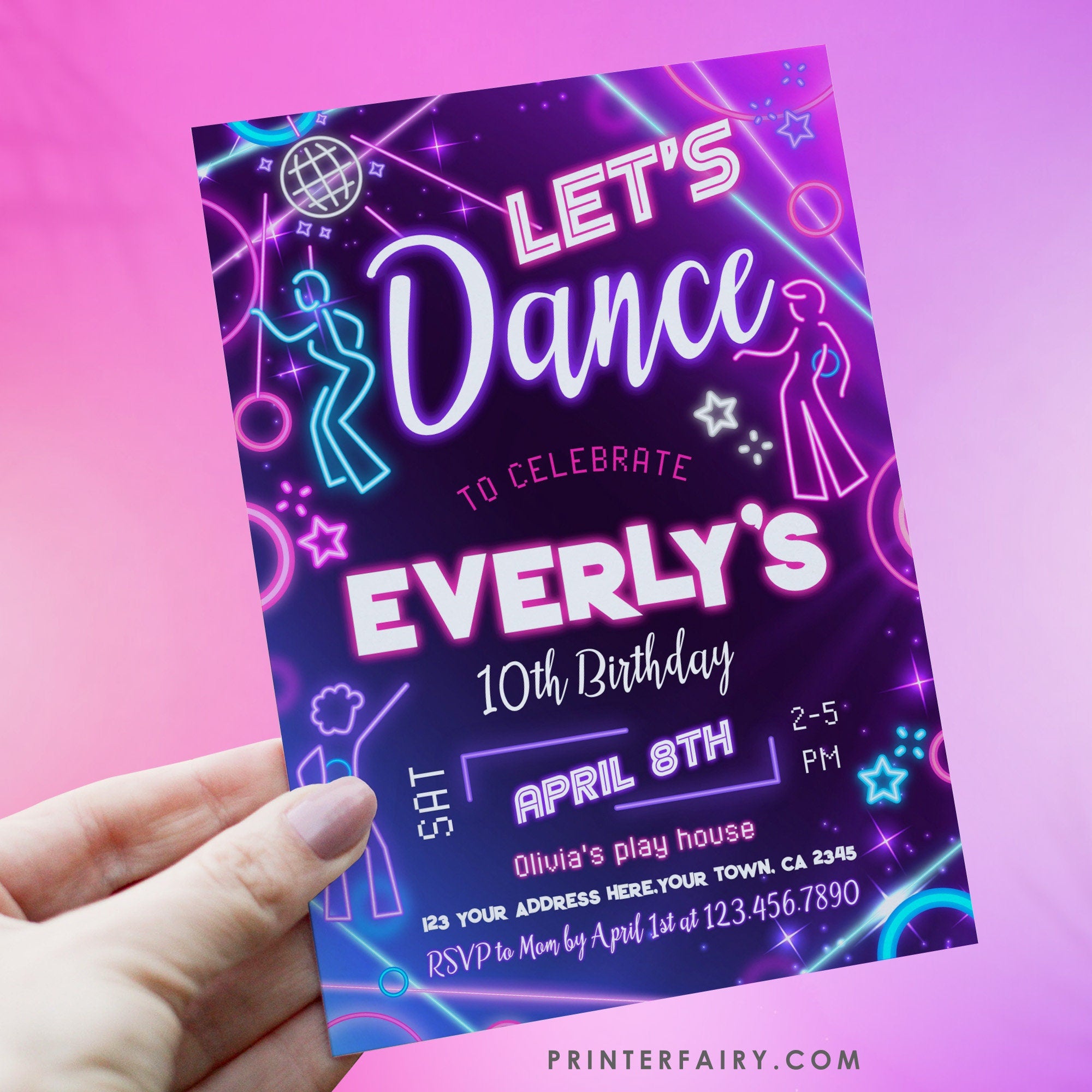 Neon Dance Party Invitation: Retro Music Theme, Editable on Corjl