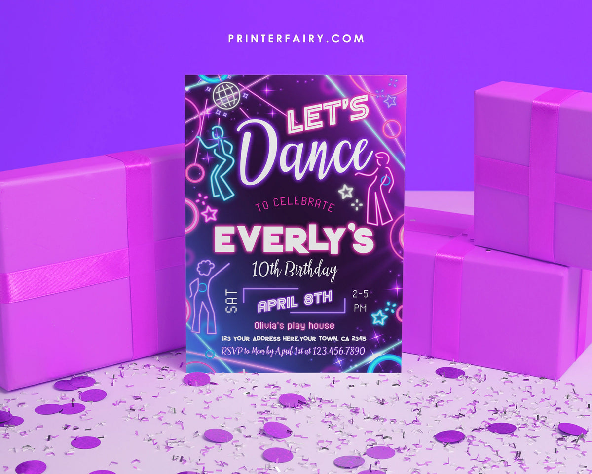 Neon Dance Party Invitation: Retro Music Theme, Editable on Corjl