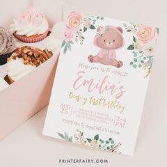 Bear First Birthday Invitation, Pink Floral Girl Invite (INSTANT DOWNLOAD)