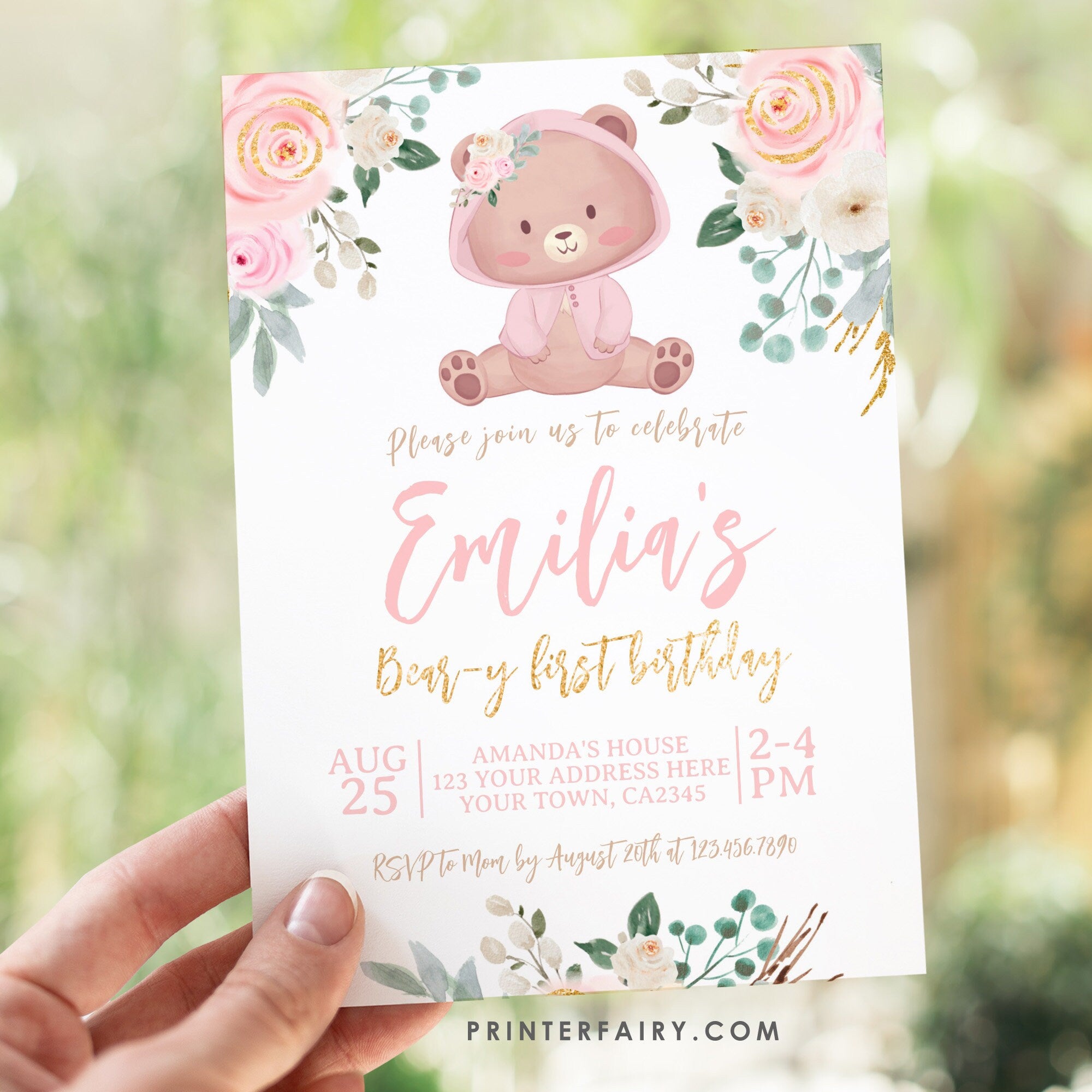 Bear First Birthday Invitation, Pink Floral Girl Invite (INSTANT DOWNLOAD)