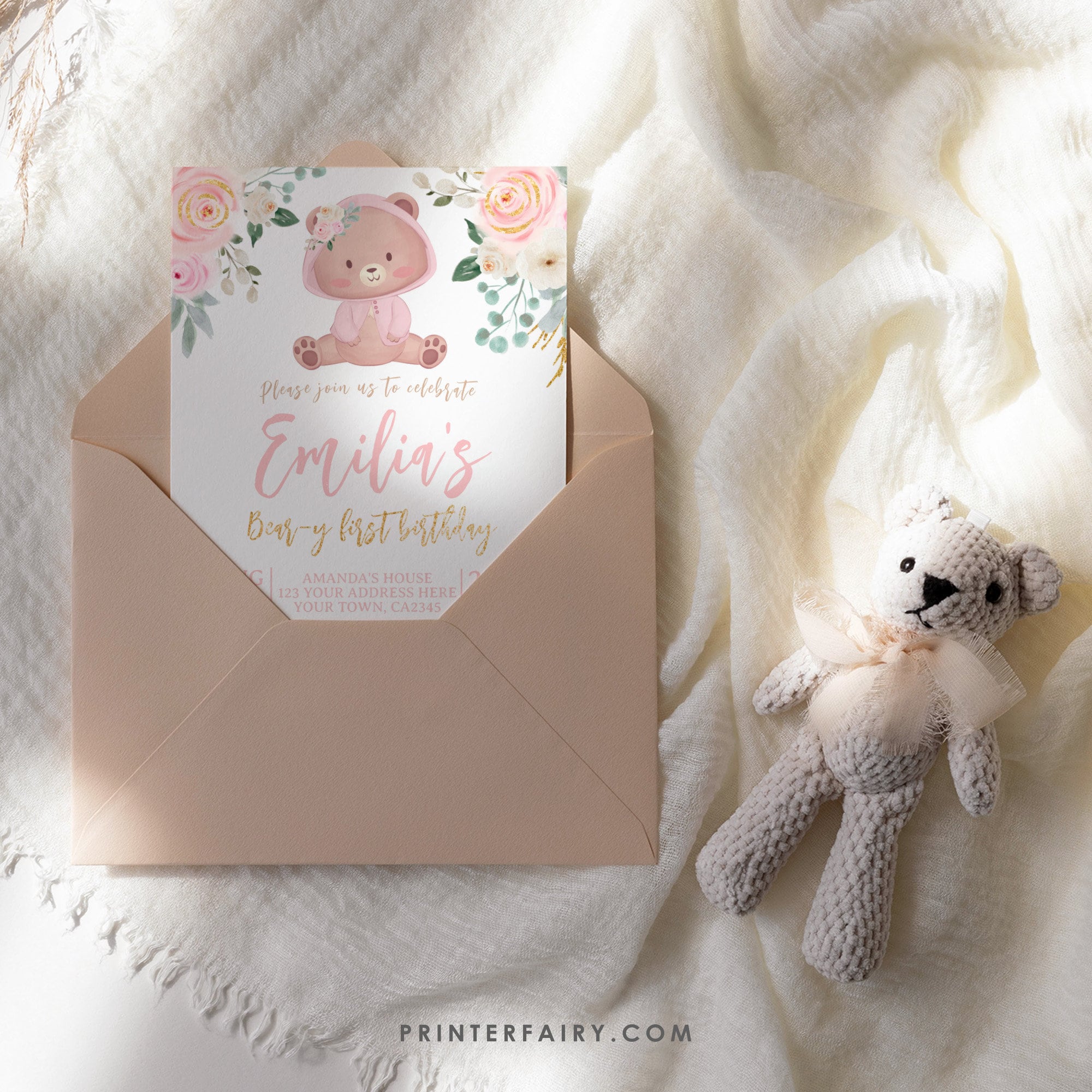 Bear First Birthday Invitation, Pink Floral Girl Invite (INSTANT DOWNLOAD)