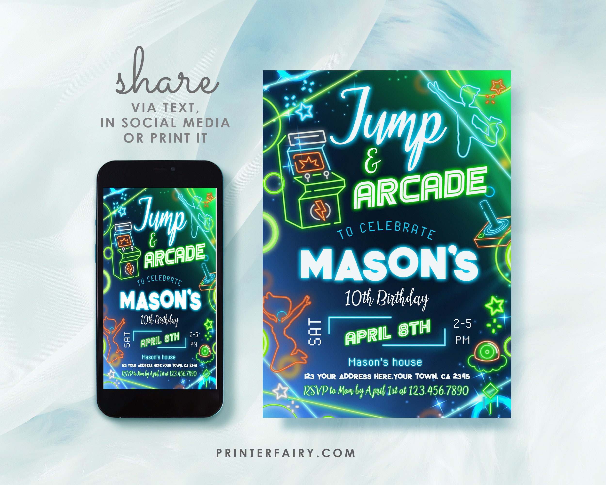 Neon Arcade & Jump Birthday Invitation: Bounce House, Trampoline Party, Gaming - Fully Editable in Corjl