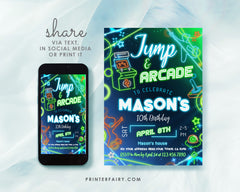 Neon Arcade & Jump Birthday Invitation: Bounce House, Trampoline Party, Gaming - Fully Editable in Corjl