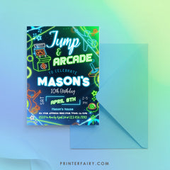 Neon Arcade & Jump Birthday Invitation: Bounce House, Trampoline Party, Gaming - Fully Editable in Corjl