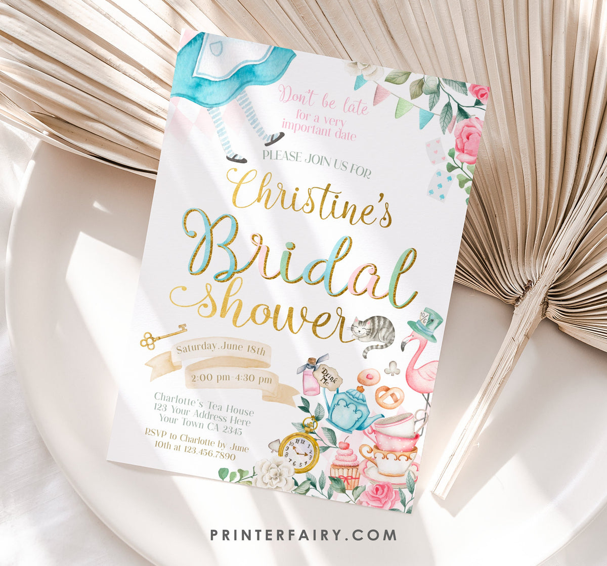 Alice in Wonderland Bridal Shower Invitation, Tea Party (Editable, Instant Download)