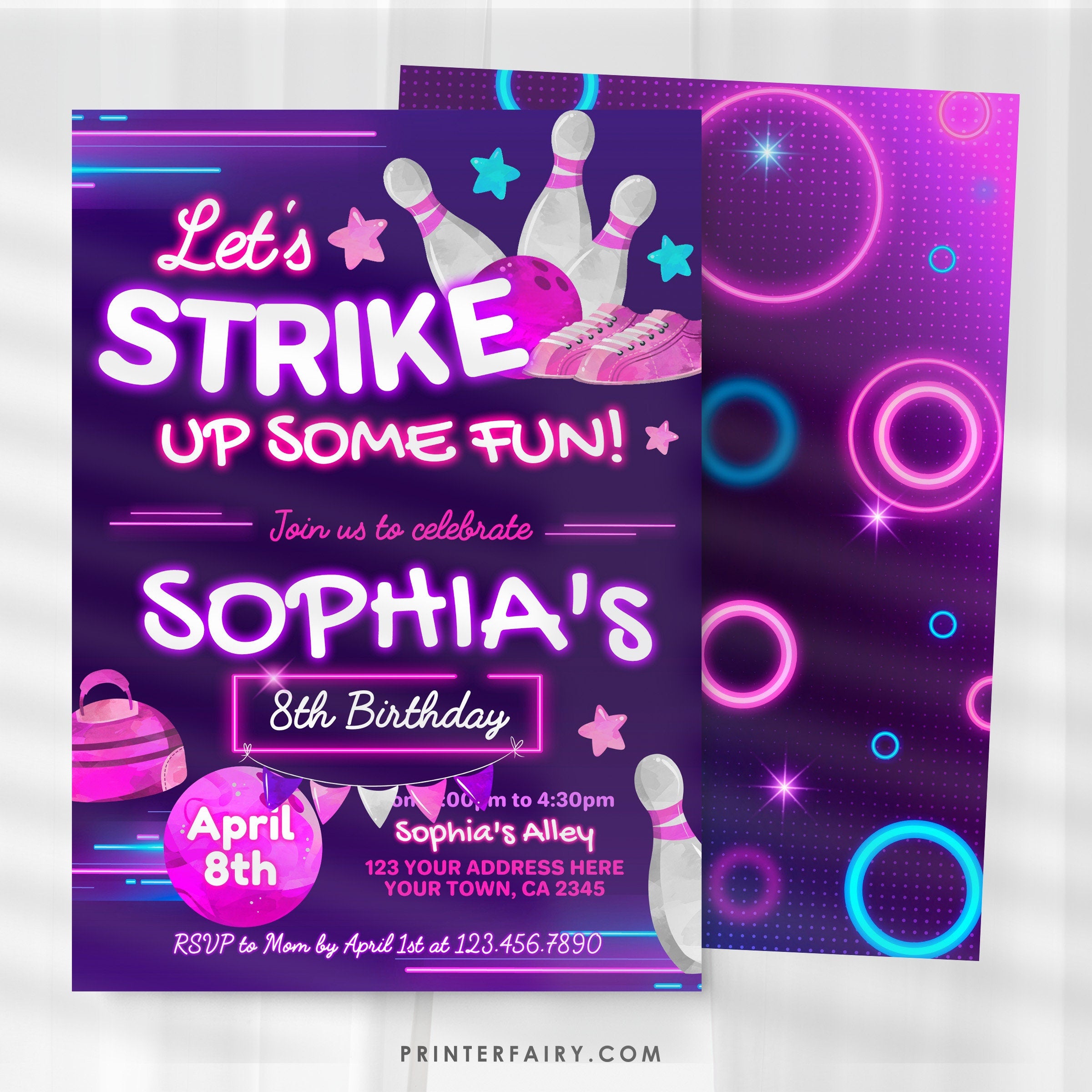 Bowling Birthday Party Invitation, Editable Template (Digital Download)