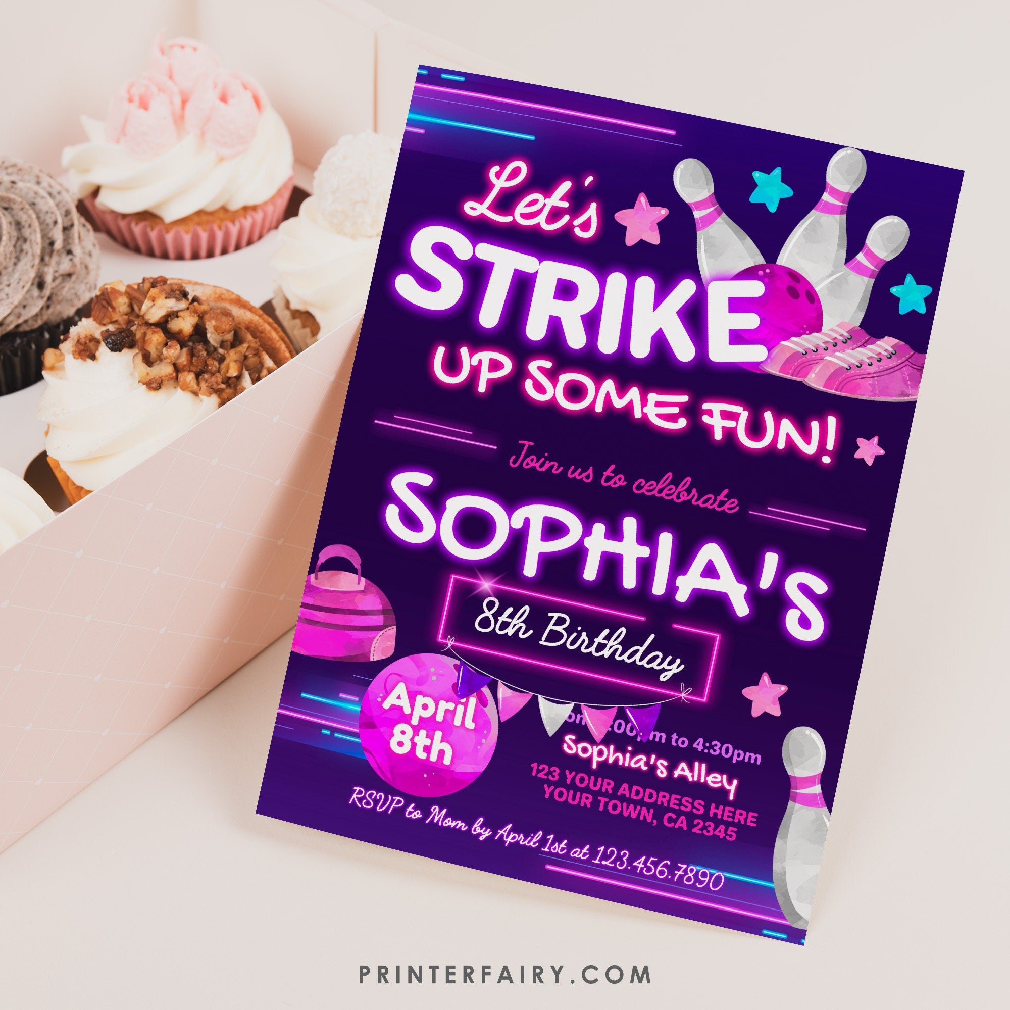 Bowling Birthday Party Invitation, Editable Template (Digital Download)