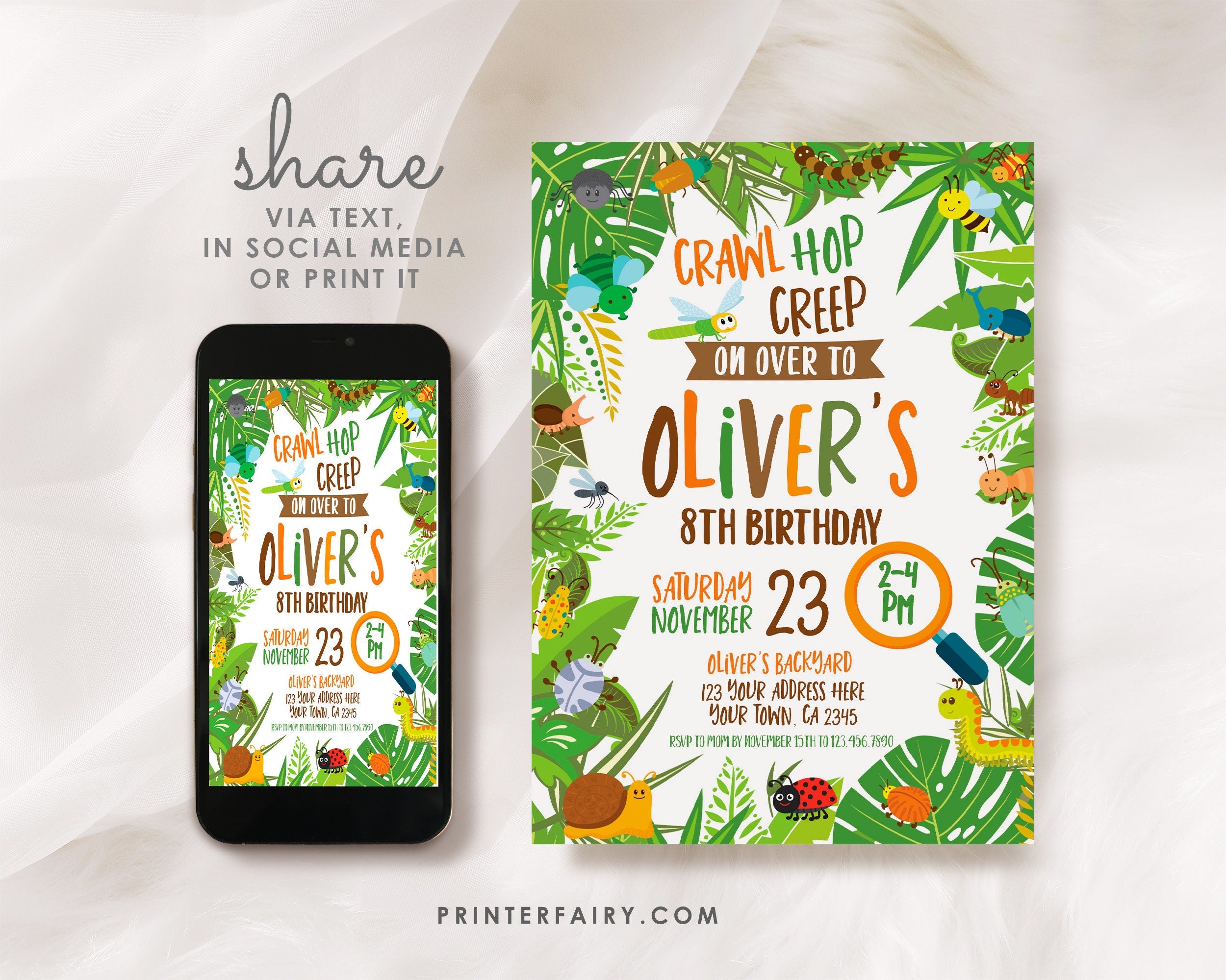 Bugs Birthday Invitation, Creepy Crawly Party, Editable Digital Invite (INSTANT DOWNLOAD)