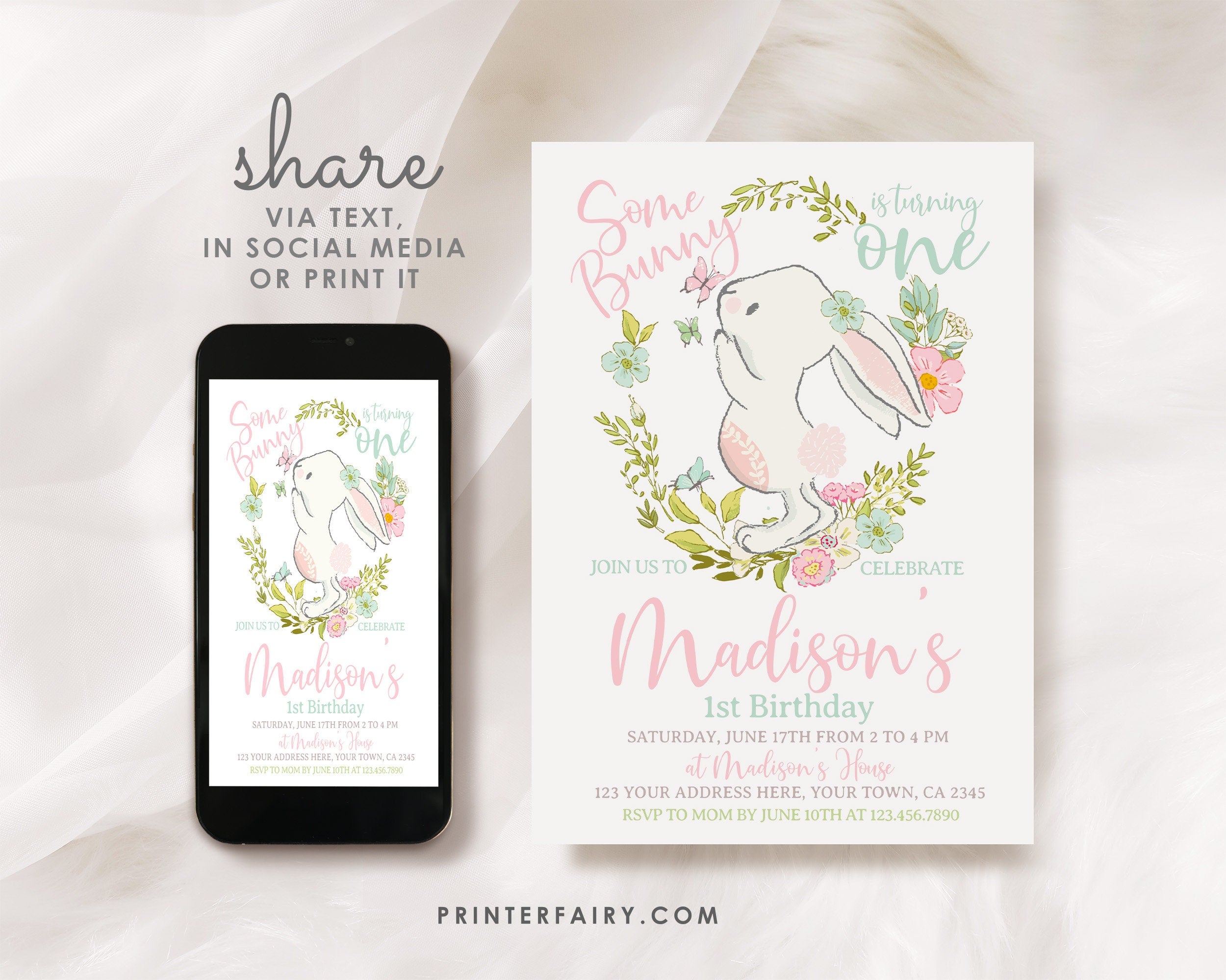 Bunny Editable Invitation Template Editable for Any Age, Spring Easter Party, INSTANT DOWNLOAD