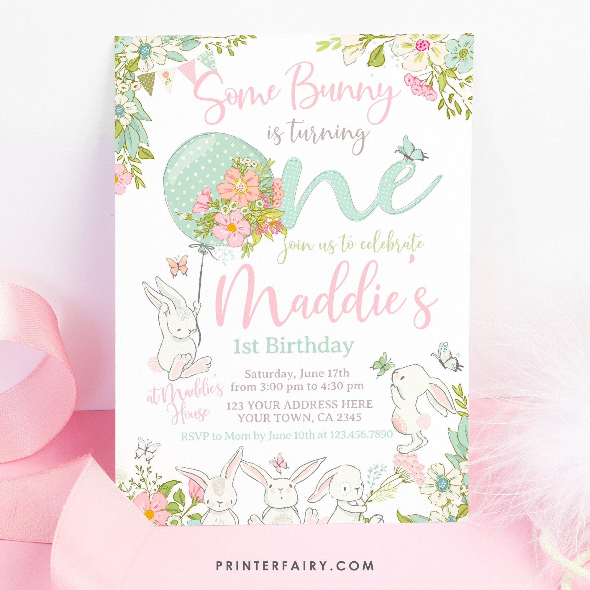 Some Bunny 1st Birthday Invitation, Editable Spring Bunny Party (Digital Download)
