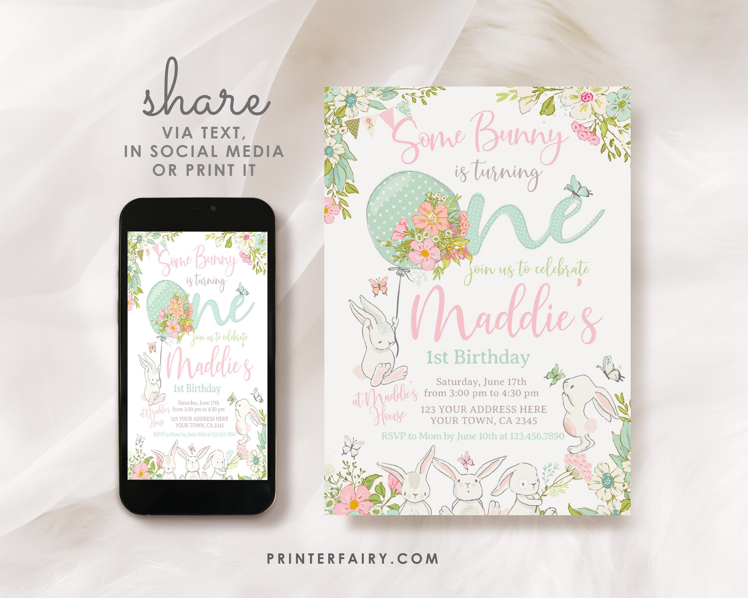 Some Bunny 1st Birthday Invitation, Editable Spring Bunny Party (Digital Download)