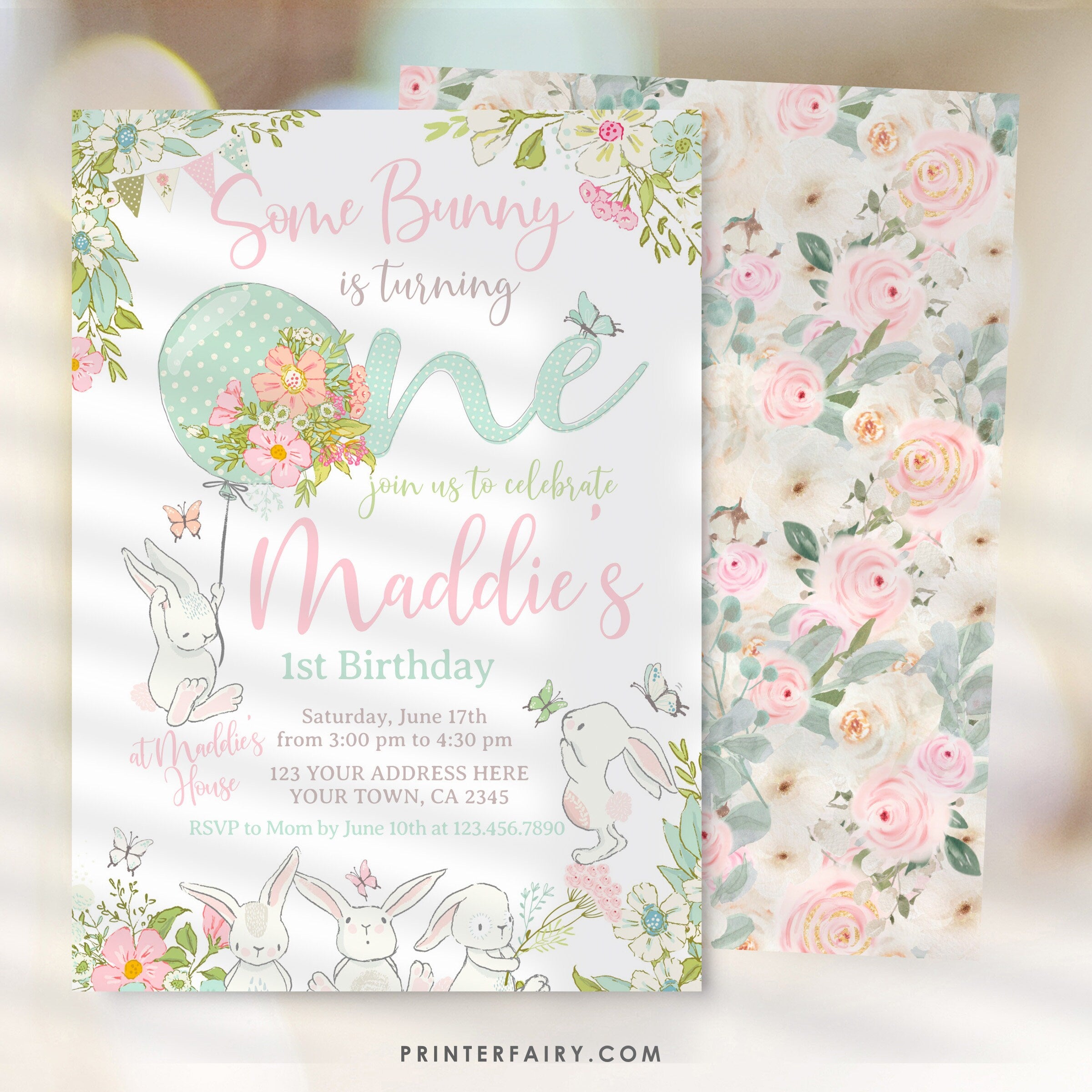 Some Bunny 1st Birthday Invitation, Editable Spring Bunny Party (Digital Download)