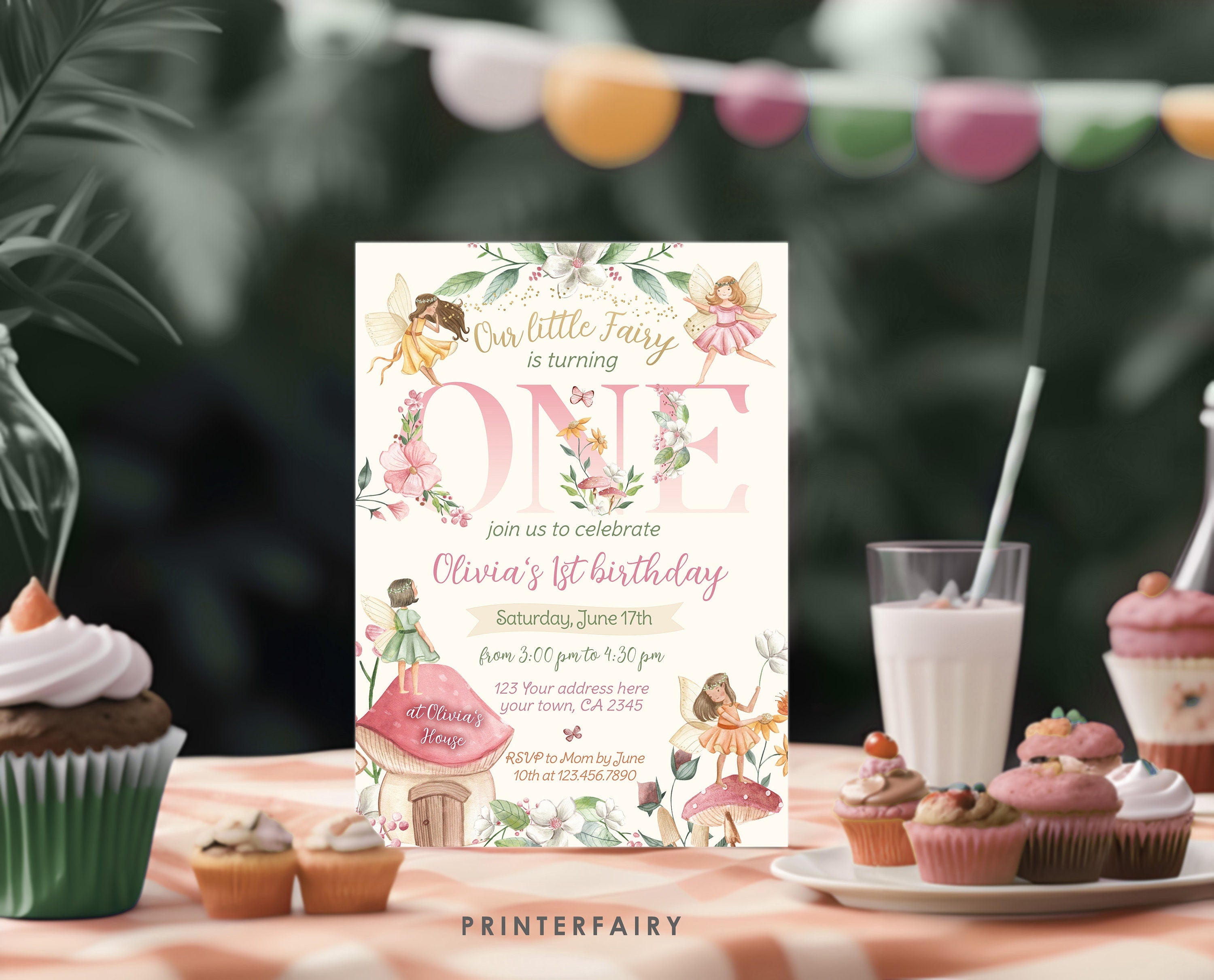 Fairy 1st Birthday Invitation: Floral Autumn Garden (Editable Corjl Template)