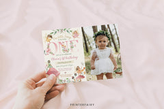 Fairy 1st Birthday Invitation with Photo: Floral Garden Party (Editable Corjl Template)