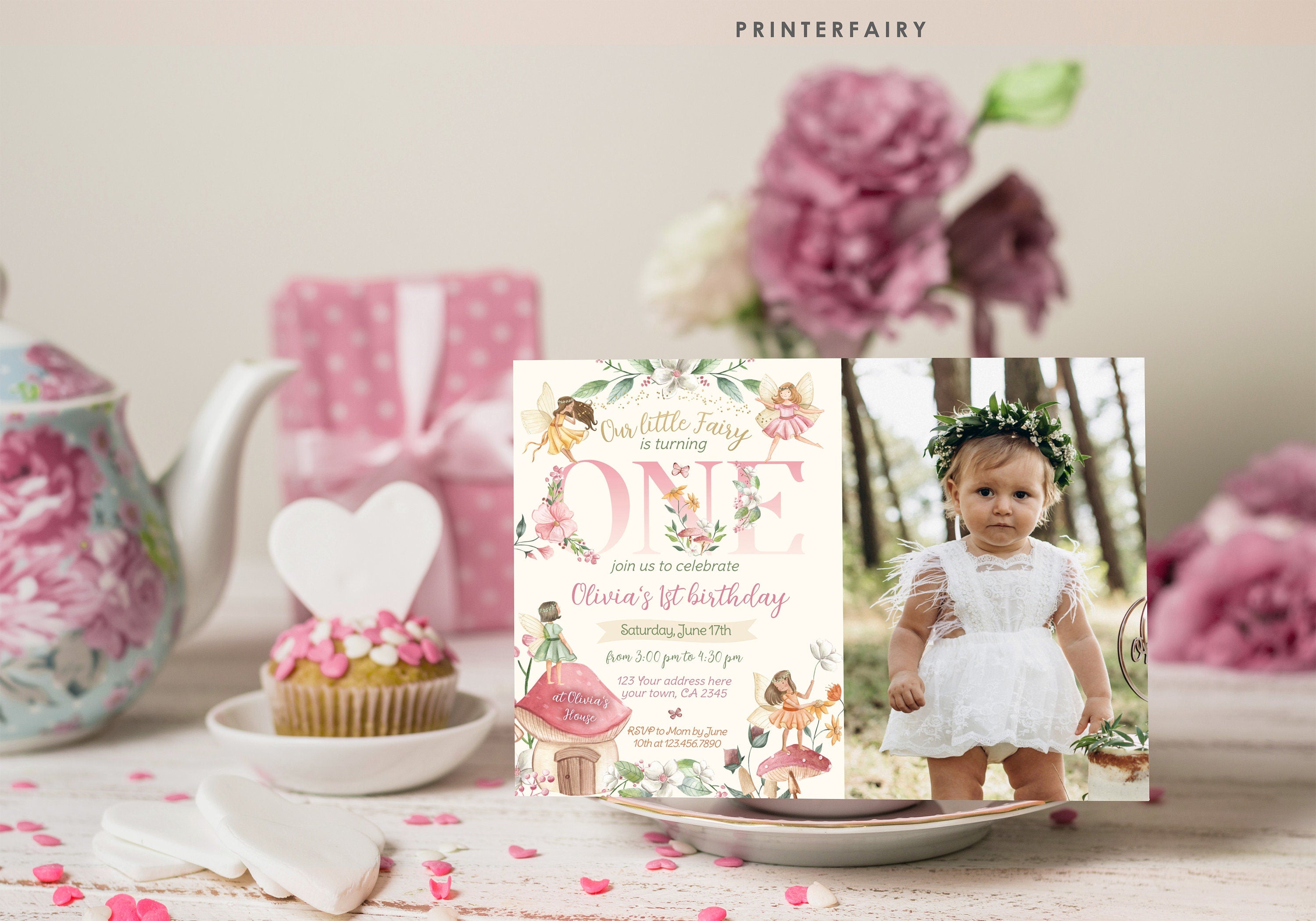Fairy 1st Birthday Invitation with Photo: Floral Garden Party (Editable Corjl Template)