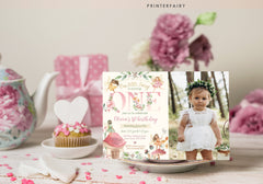 Fairy 1st Birthday Invitation with Photo: Floral Garden Party (Editable Corjl Template)