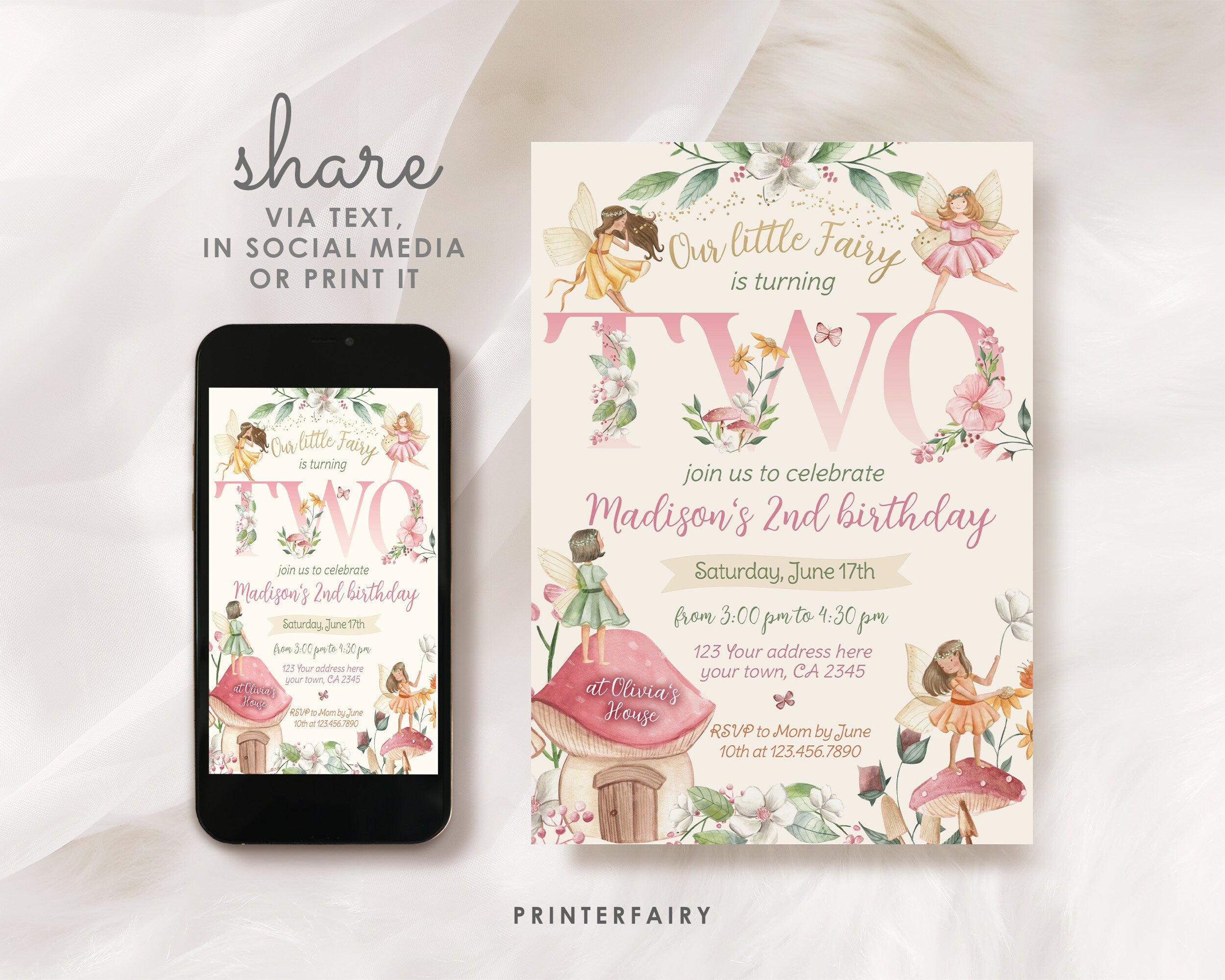 Editable Fairy 2nd Birthday Invitation: Floral Garden (Instant Download)