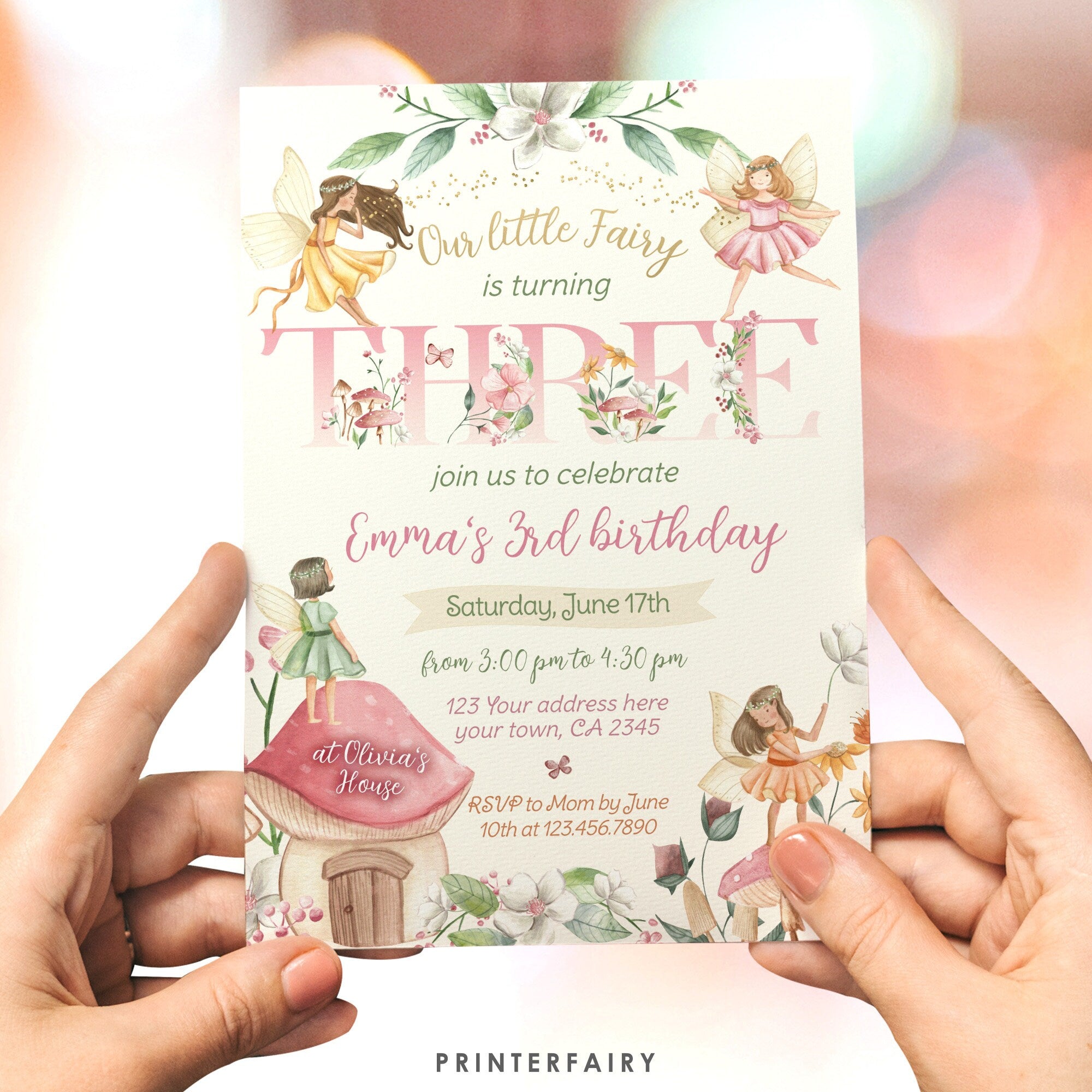 Fairy 3rd Birthday Invitation: Floral Garden Party (Corjl Editable Template)