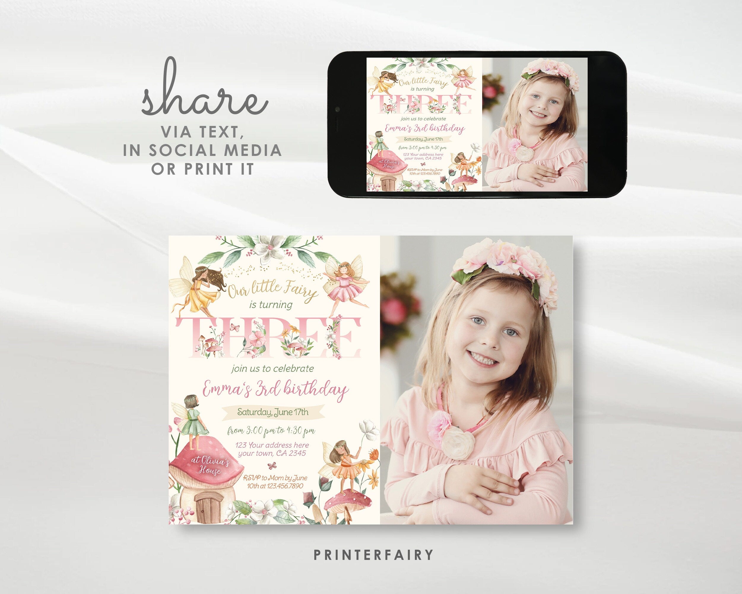 Fairy 3rd Birthday Invitation with Photo: Floral Garden Party (Corjl Template)