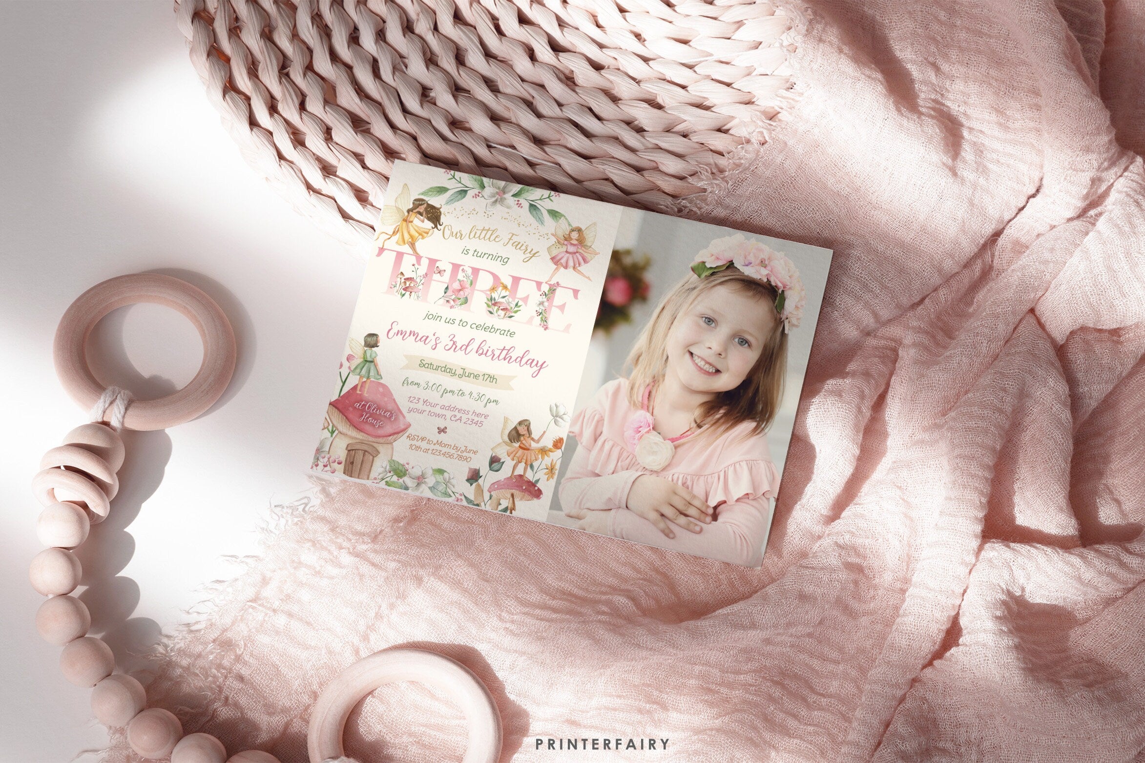 Fairy 3rd Birthday Invitation with Photo: Floral Garden Party (Corjl Template)
