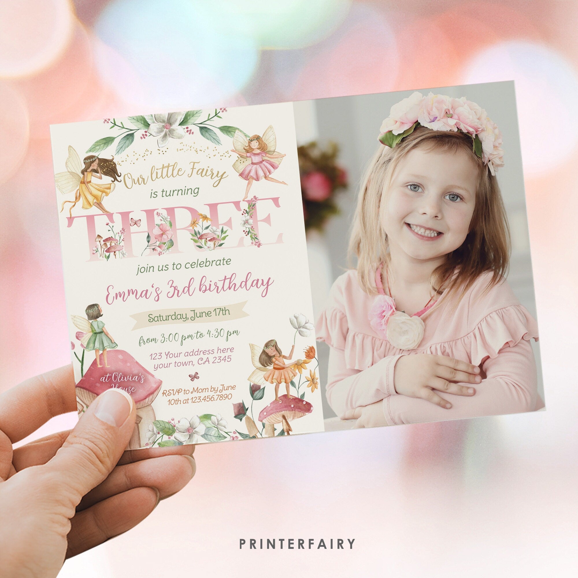 Fairy 3rd Birthday Invitation with Photo: Floral Garden Party (Corjl Template)