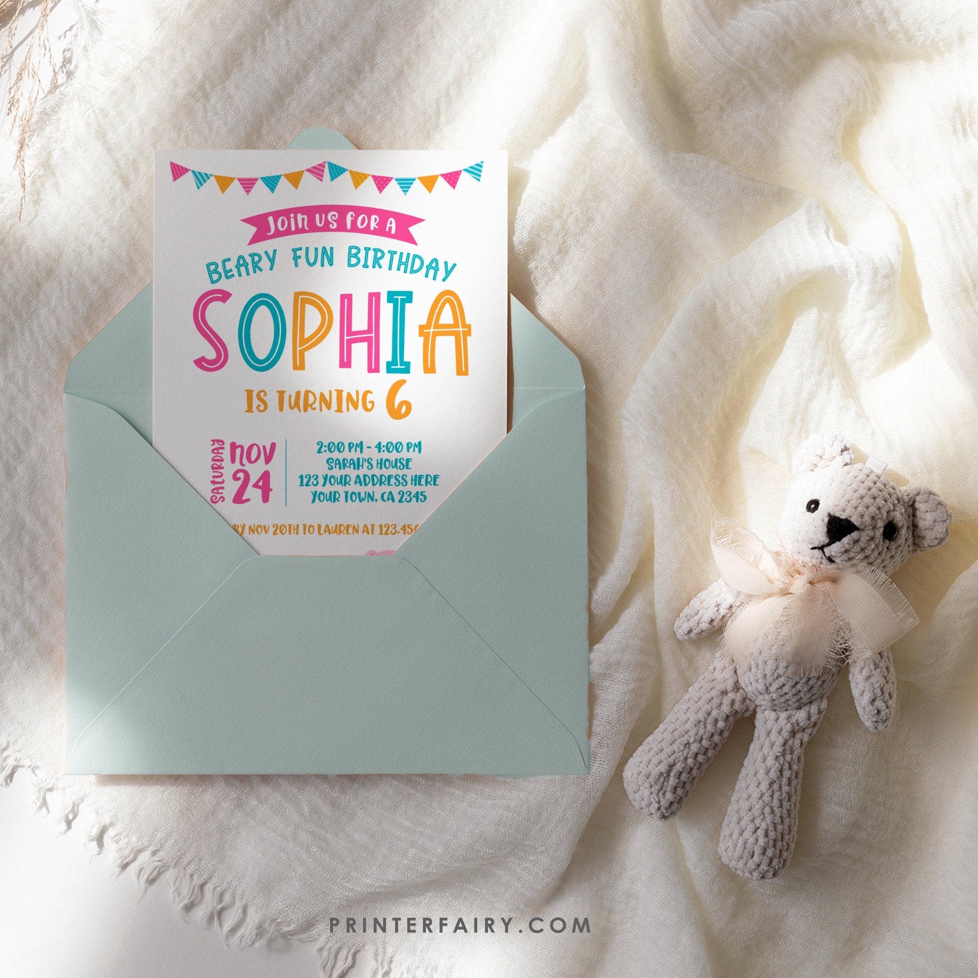 Teddy Bear Birthday Invitation, Editable Bear Theme (Instant Download)
