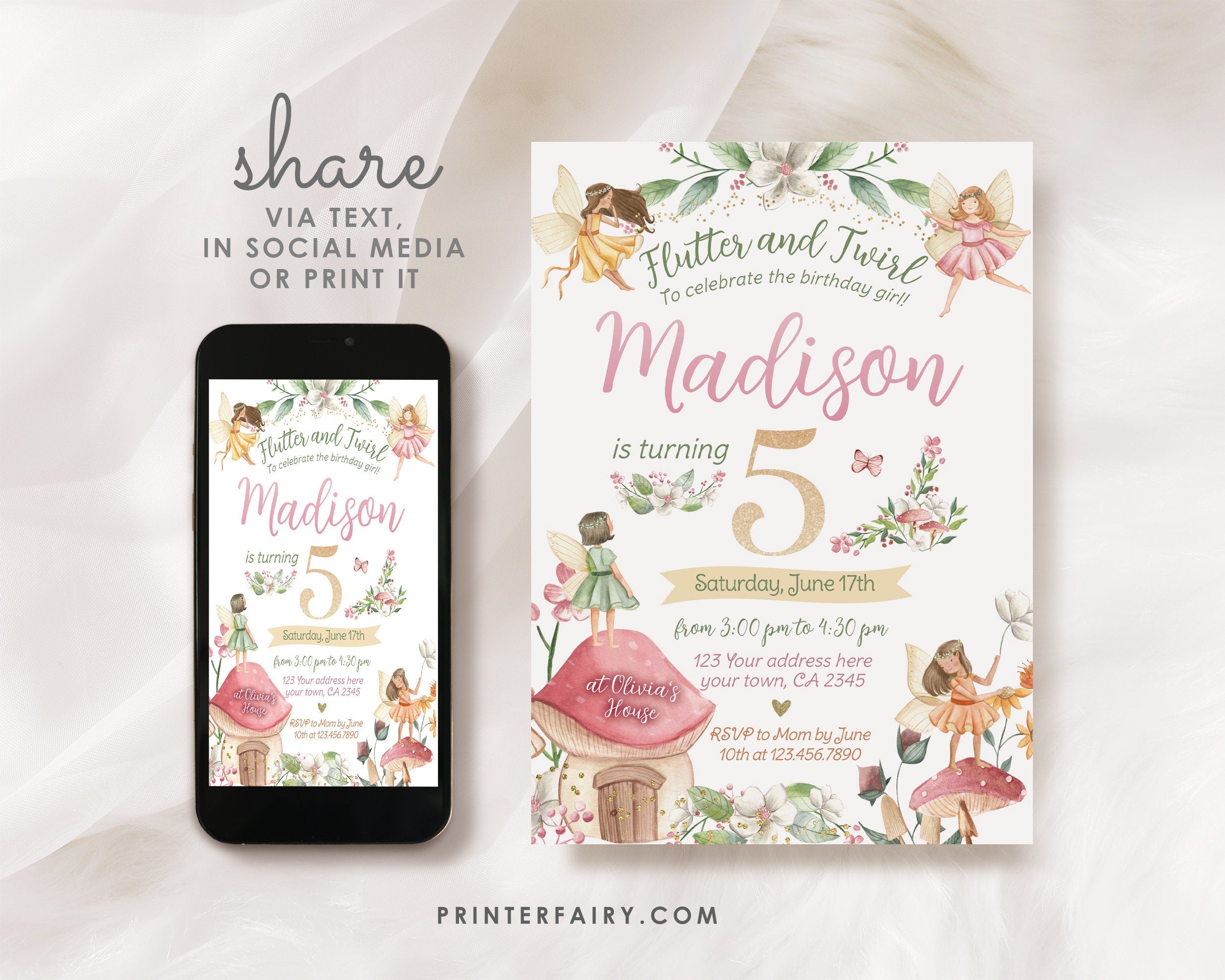 Editable Fairytale Birthday Invitation, Autumn Floral (Instant Download)