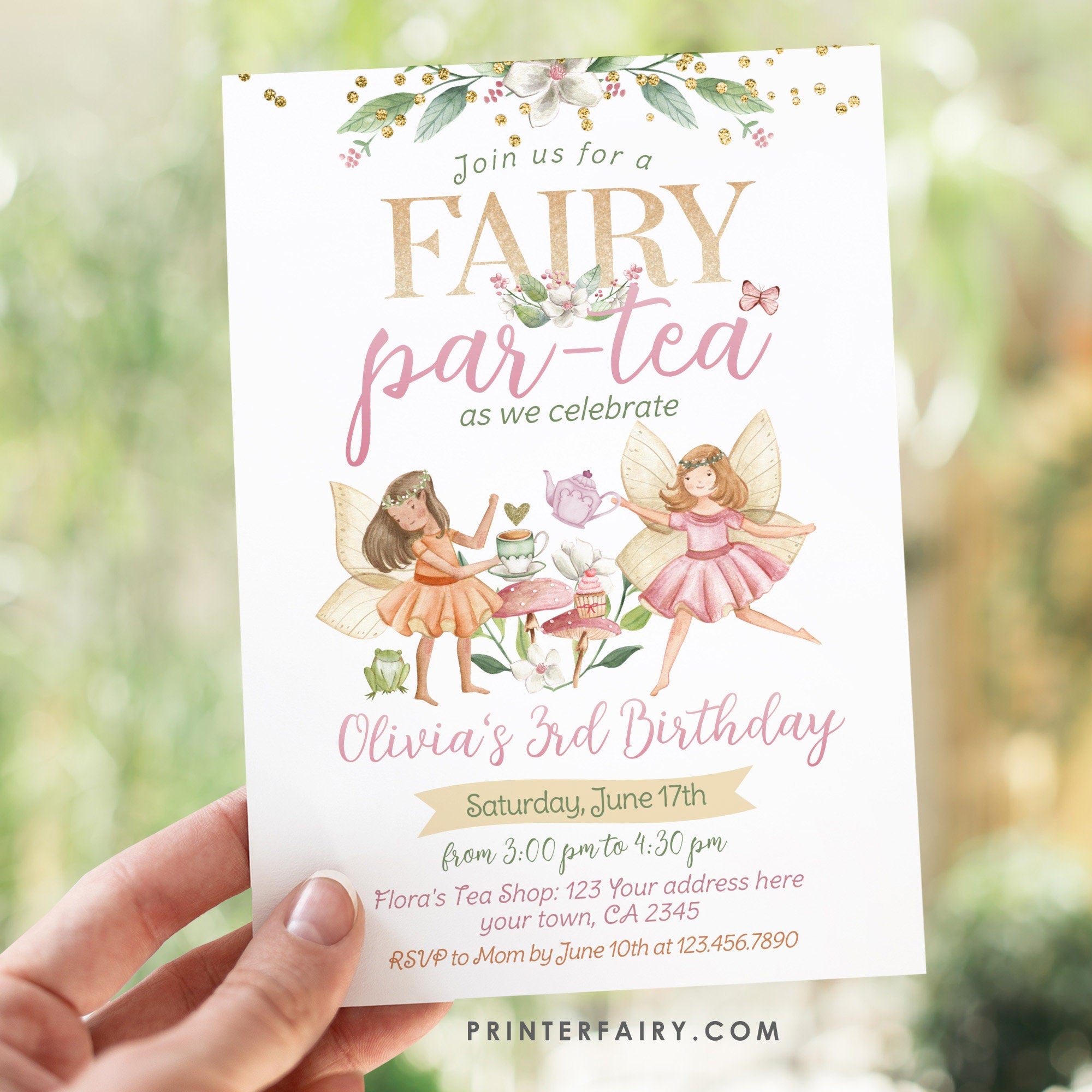 Editable Fairy Tea Party Birthday Invitation, Floral Garden (Digital)