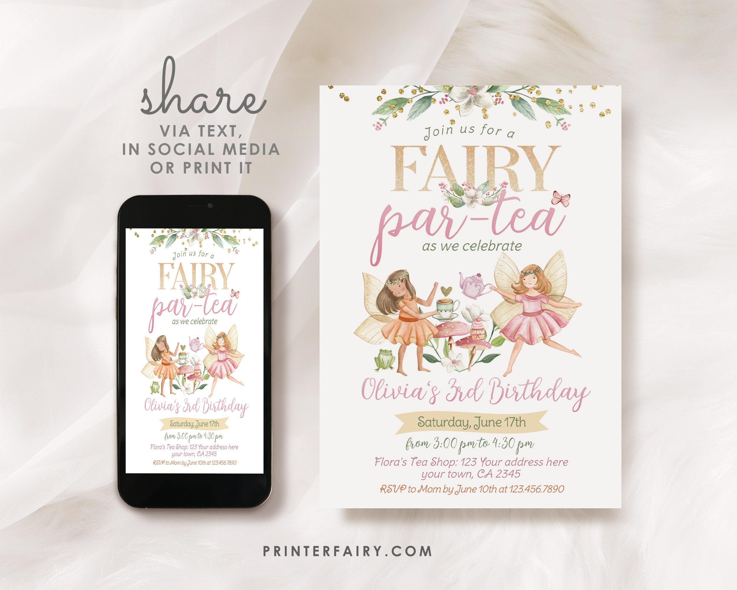 Editable Fairy Tea Party Birthday Invitation, Floral Garden (Digital)