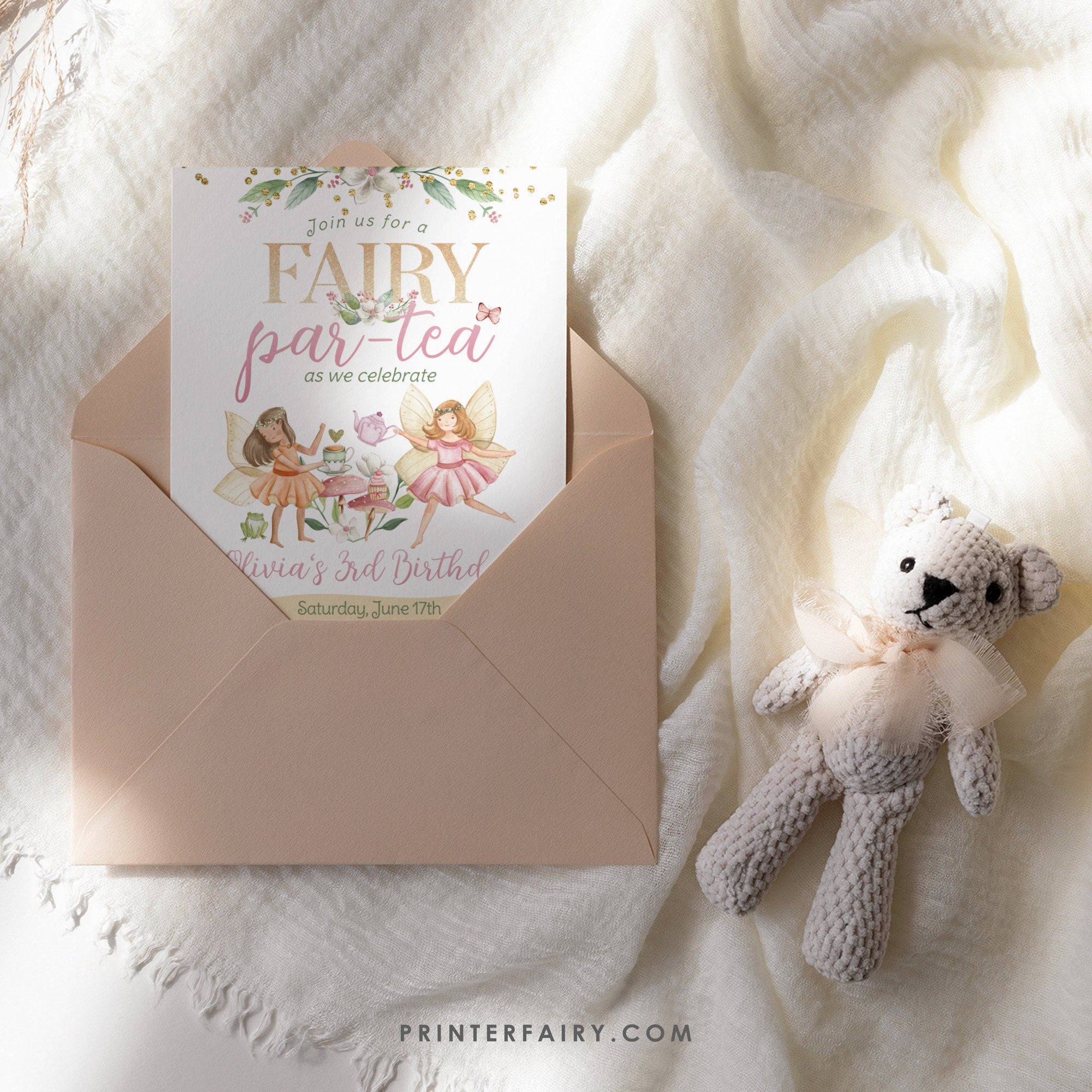 Editable Fairy Tea Party Birthday Invitation, Floral Garden (Digital)