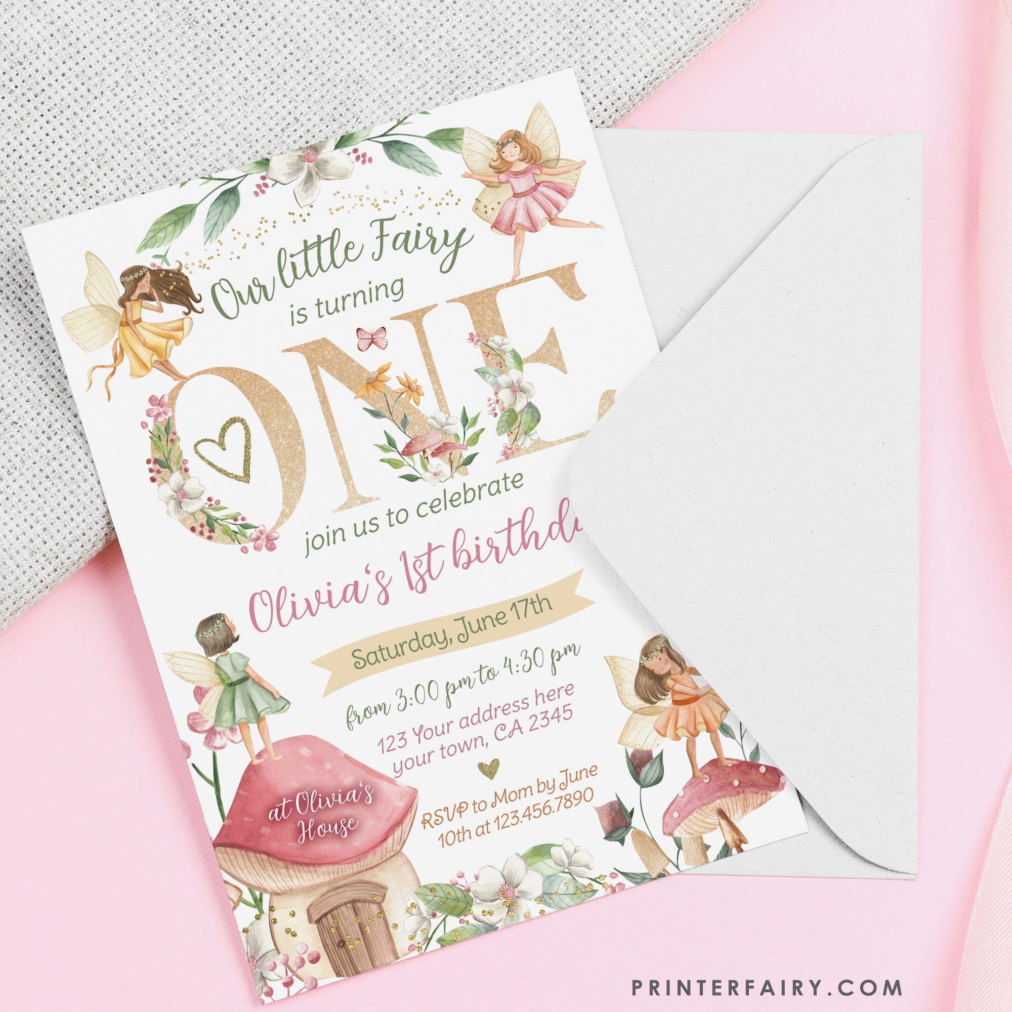 Editable Fairytale First Birthday Invitation, Autumn Floral Party (Digital Item)