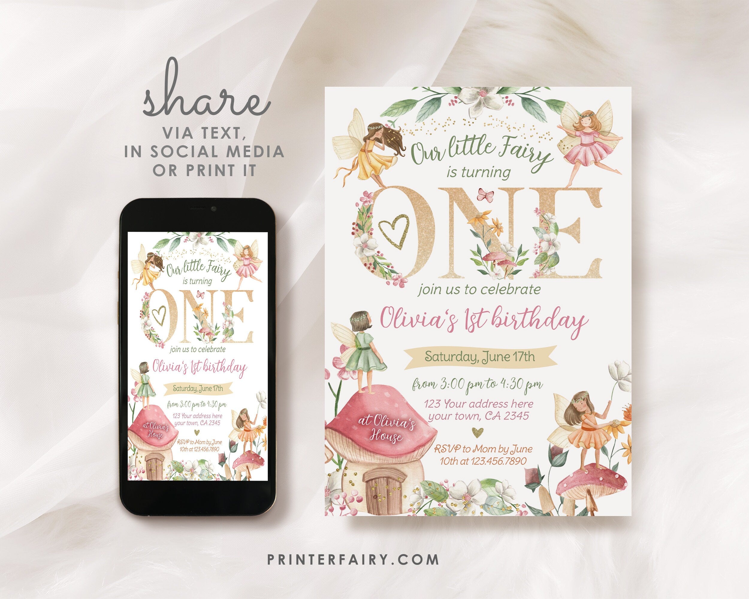 Editable Fairytale First Birthday Invitation, Autumn Floral Party (Digital Item)