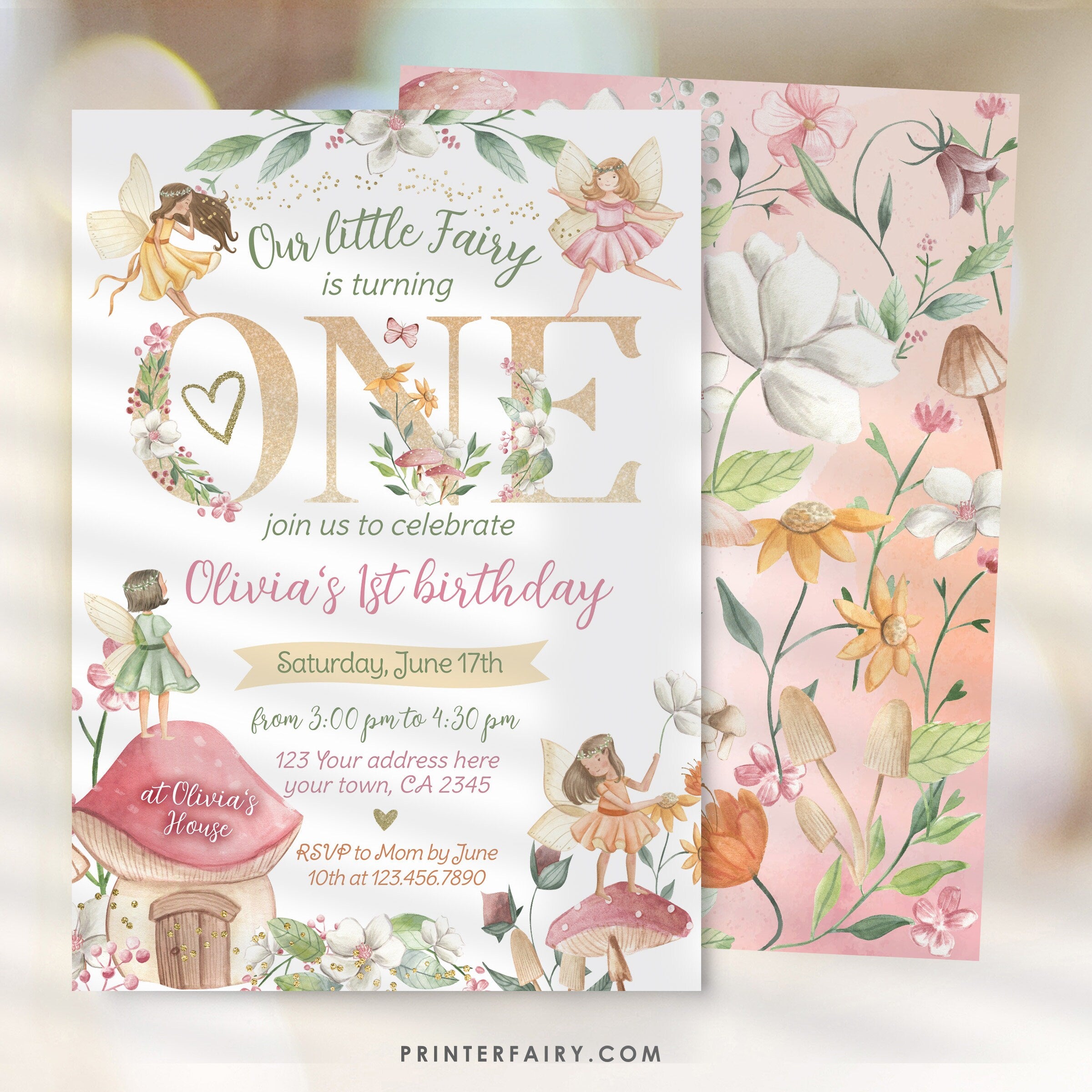 Editable Fairytale First Birthday Invitation, Autumn Floral Party (Digital Item)
