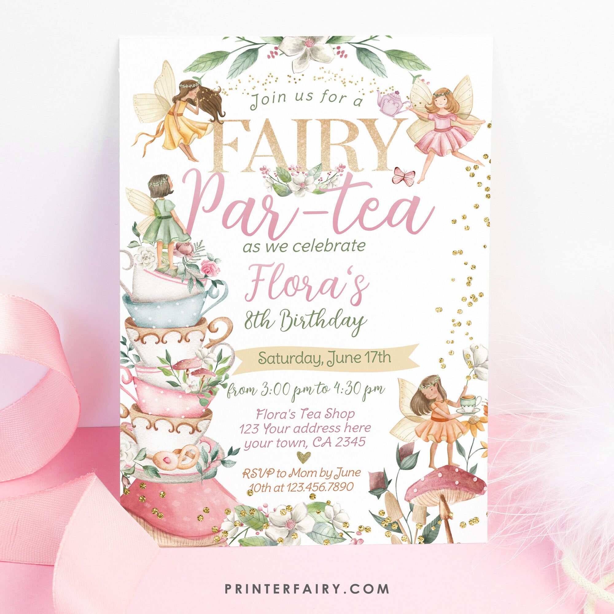 Editable Fairytale Tea Party Birthday Invitation, Floral Autumn Garden (Digital)