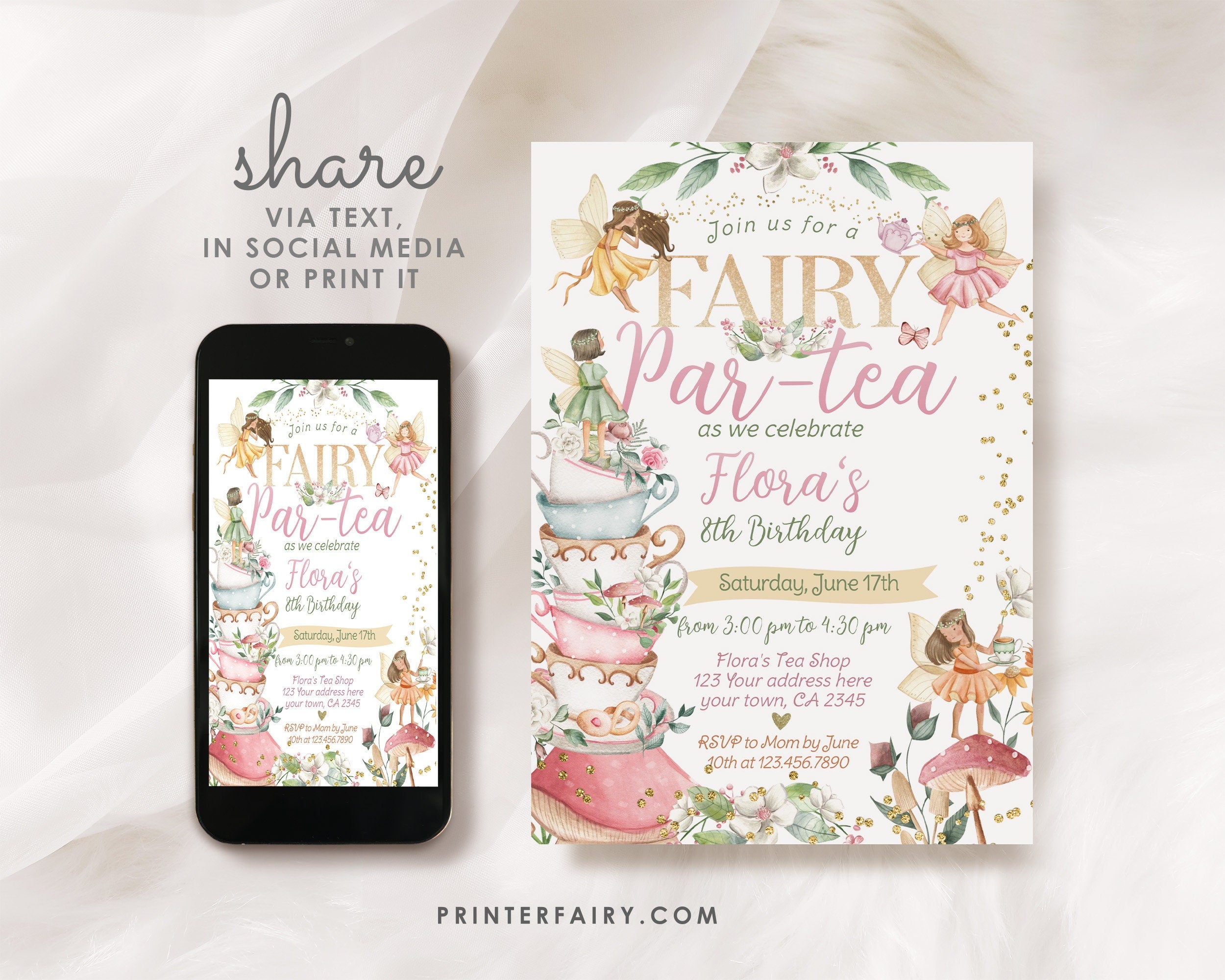 Editable Fairytale Tea Party Birthday Invitation, Floral Autumn Garden (Digital)