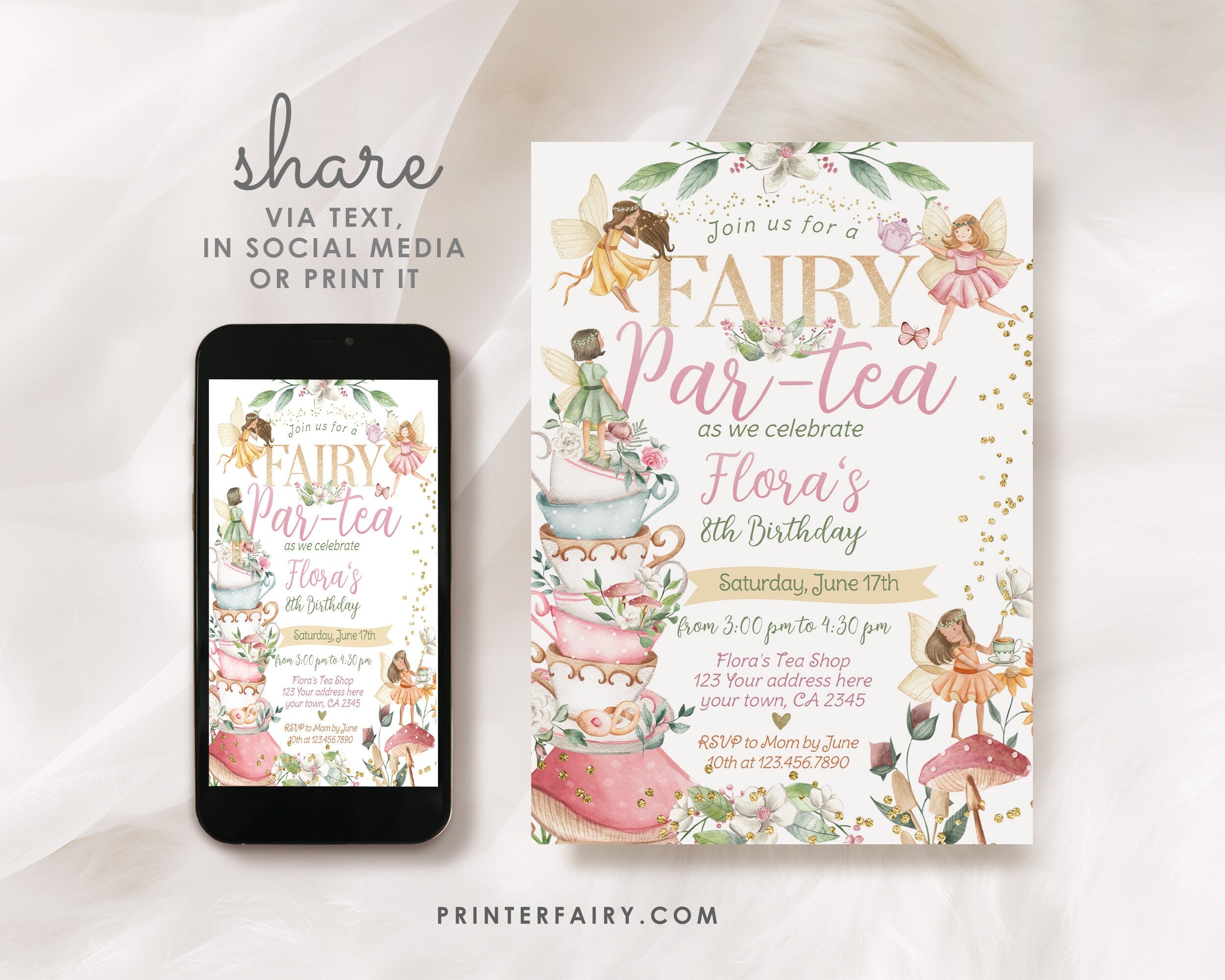 Editable Fairytale Tea Party Birthday Invitation, Floral Autumn Garden (Digital)