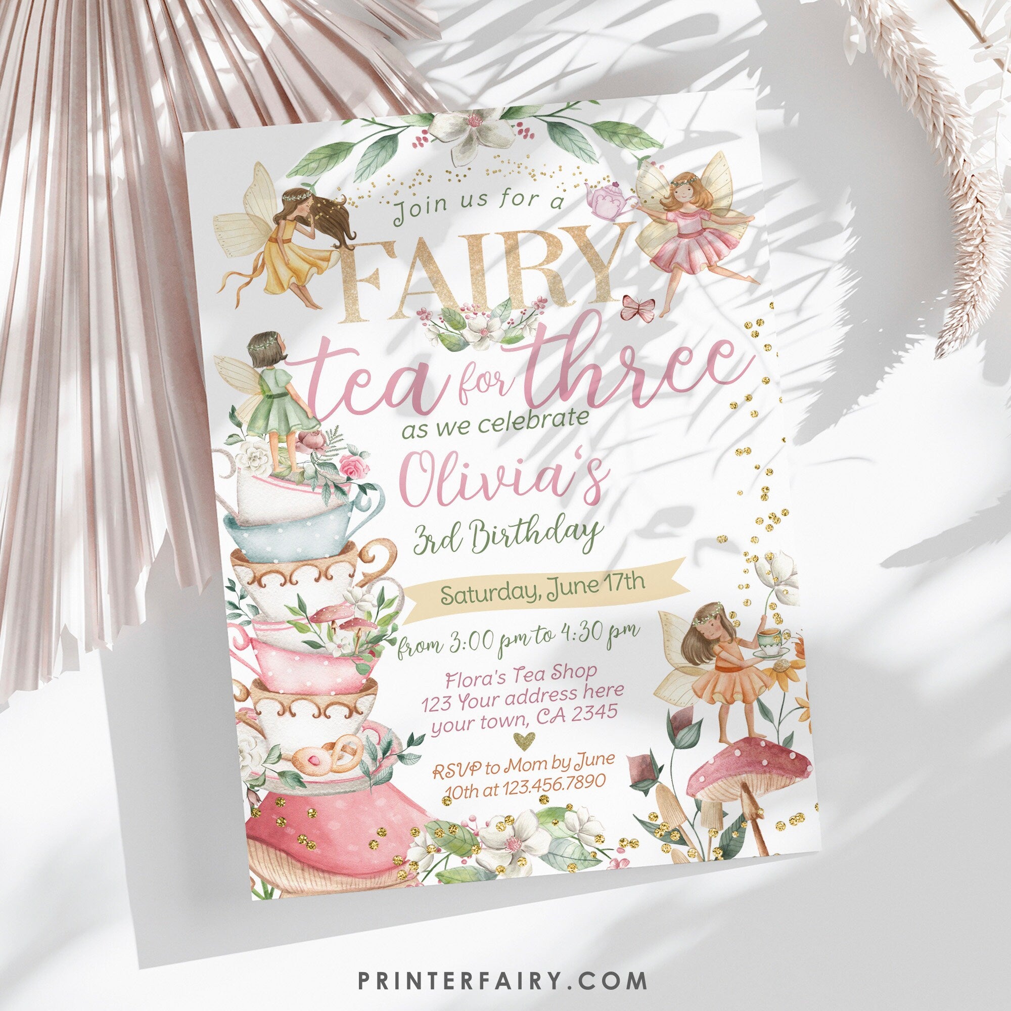 Editable Fairy Tea Party Invitation, Whimsical Floral 3rd Birthday (Digital Item)